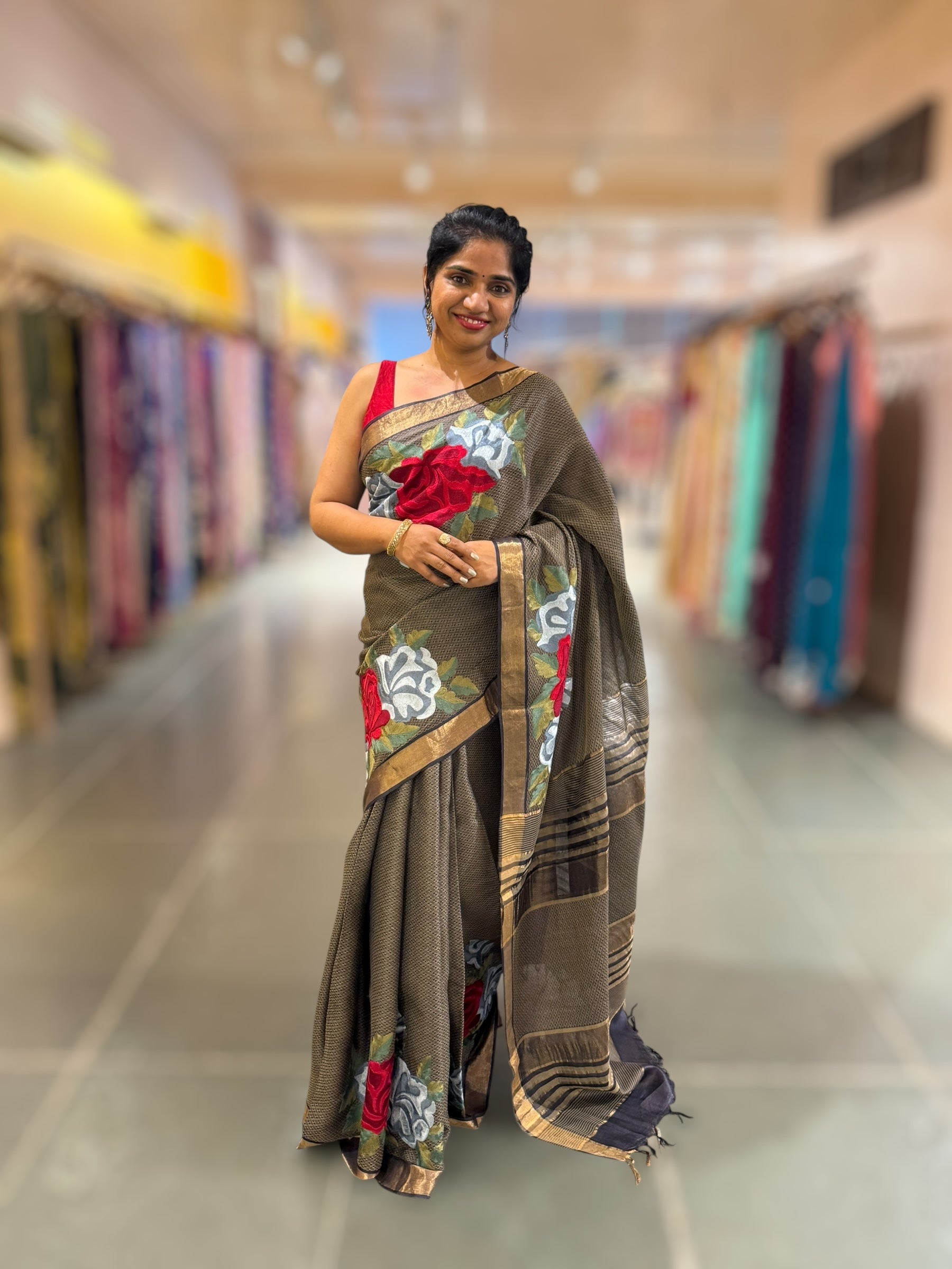 Elephant Grey Tussar Brocade Saree With Statement Red Rose Embroidery.