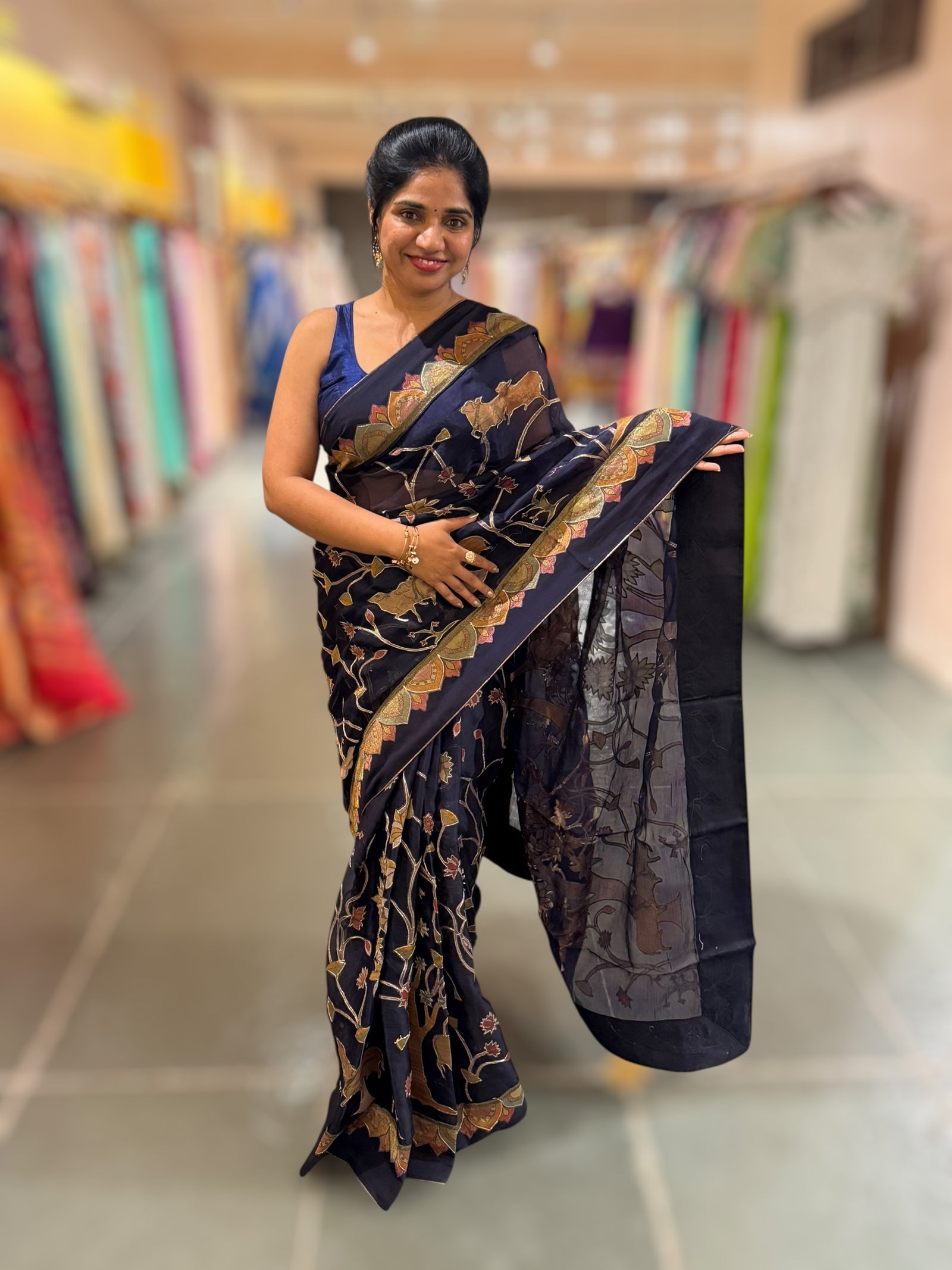 Midnight Blue Designer Organza Saree with Stunning Tissue Applique work Saree with Village theme