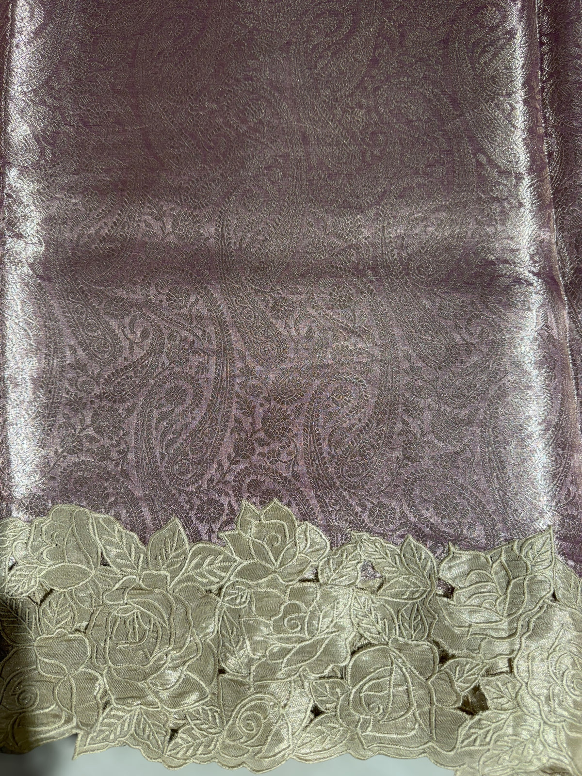 Lilac Tissue Brocade allover weaving Saree with Tissue Cutwork Rose Border