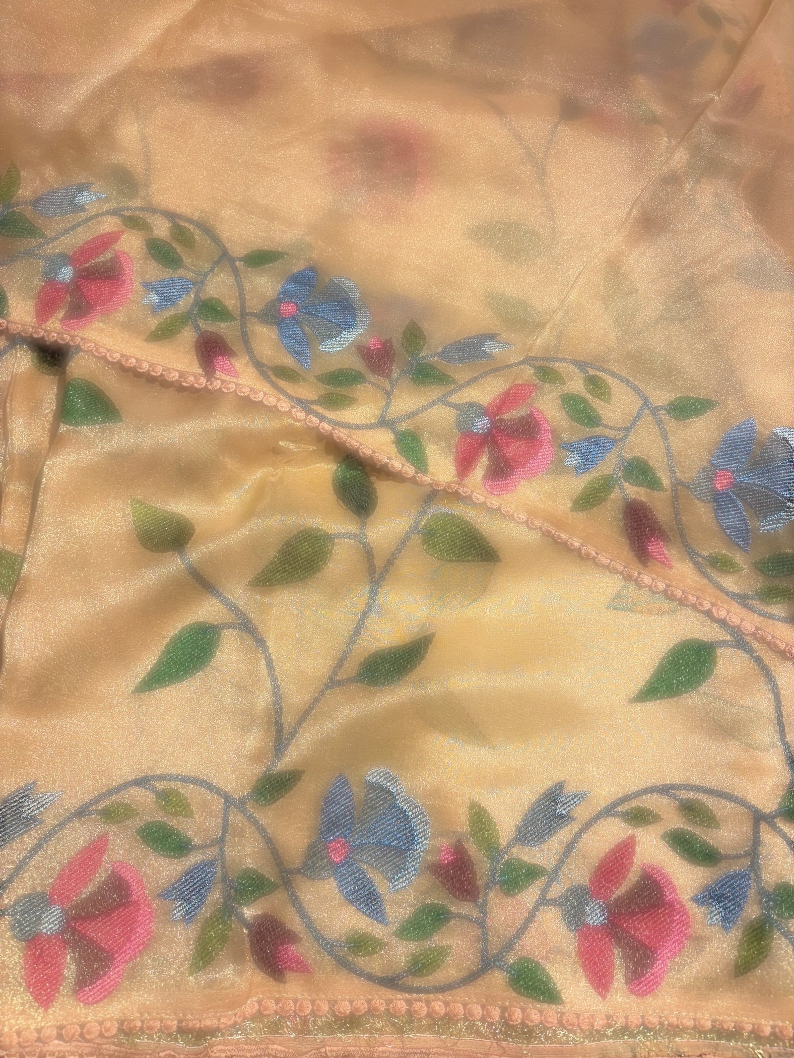 Peach Pink Tissue georgette saree with embroidey