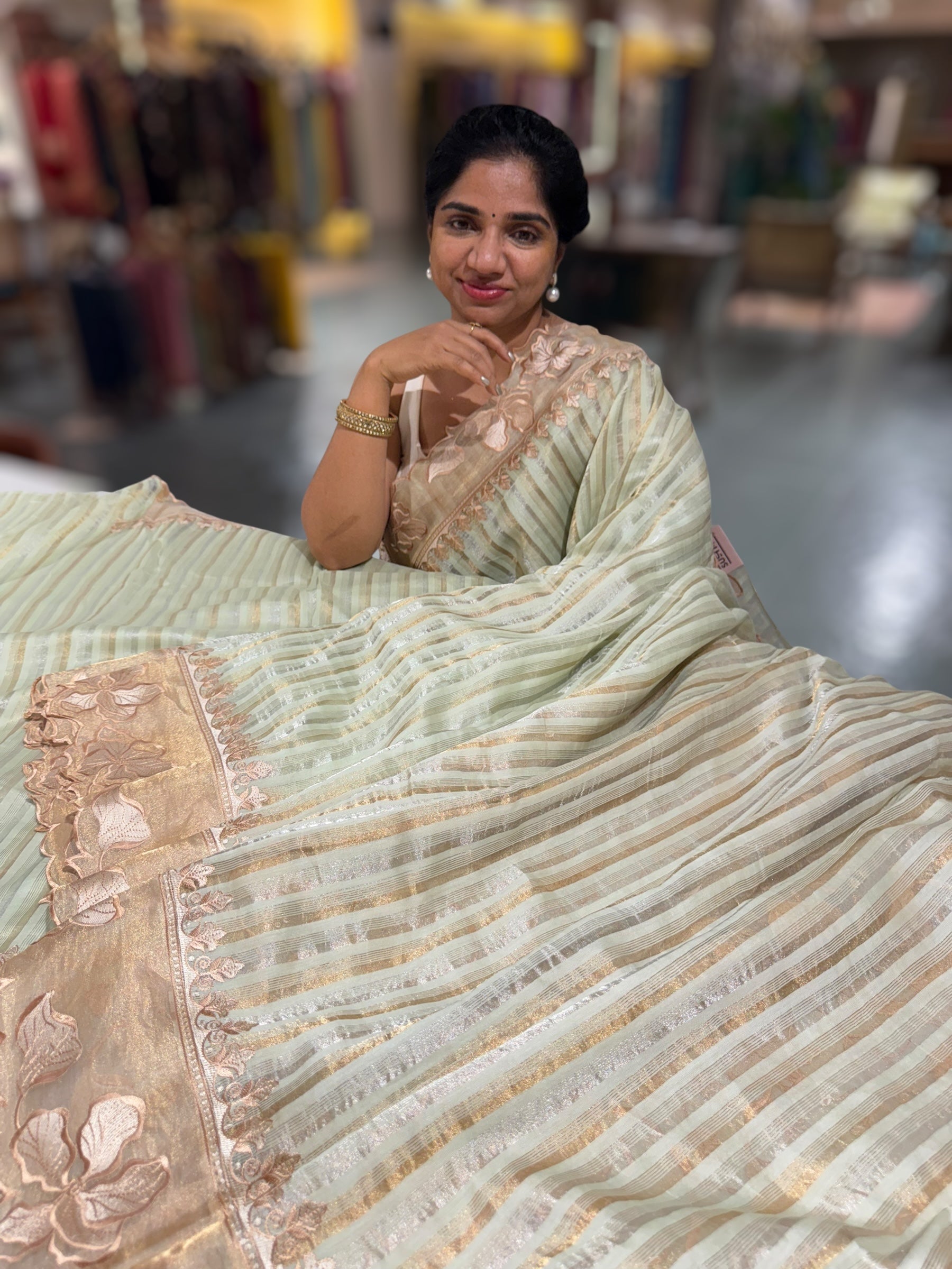 Mint Green Mul Tissue Stripes Saree With Tissue Cutwork  Border & Blouse