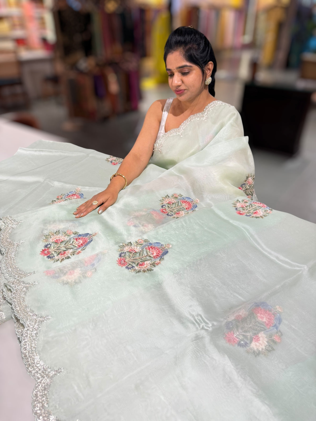 Pastel Blue pure Organza handwork saree