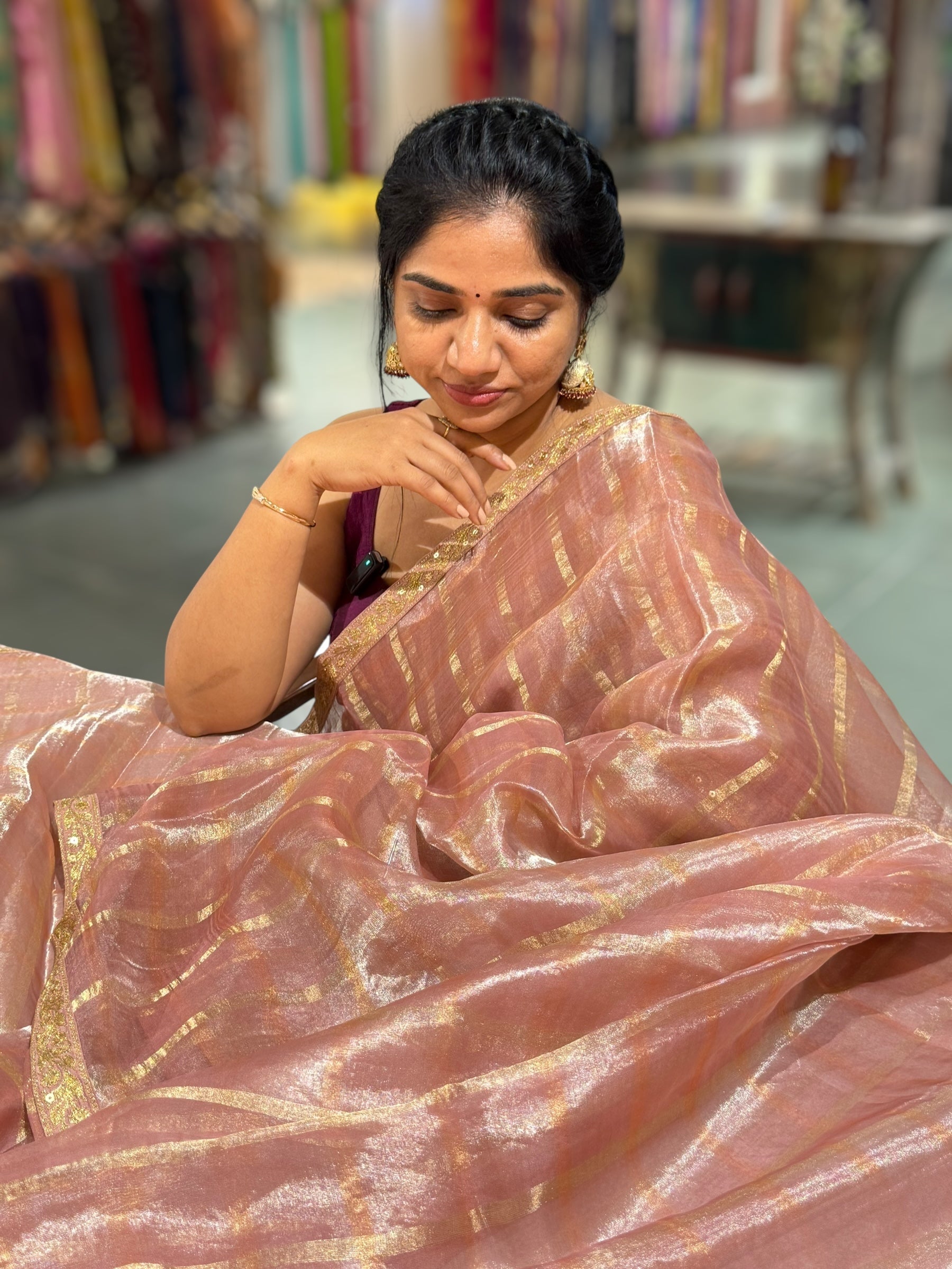 Peach Pink Banarasi Tissue checks Saree with Sabyasachi Borders