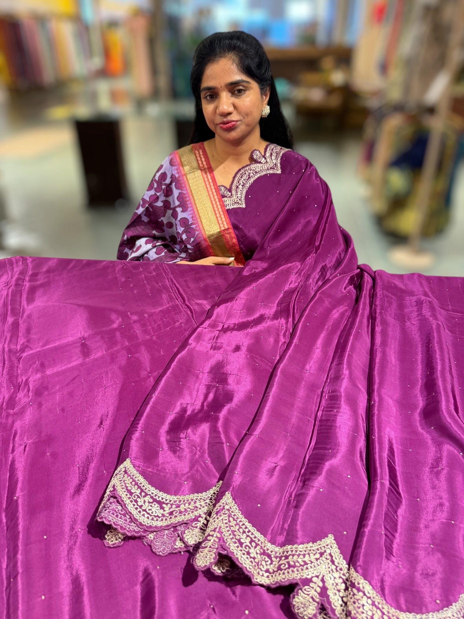 Wine crepe silk saree with scalloped pita border