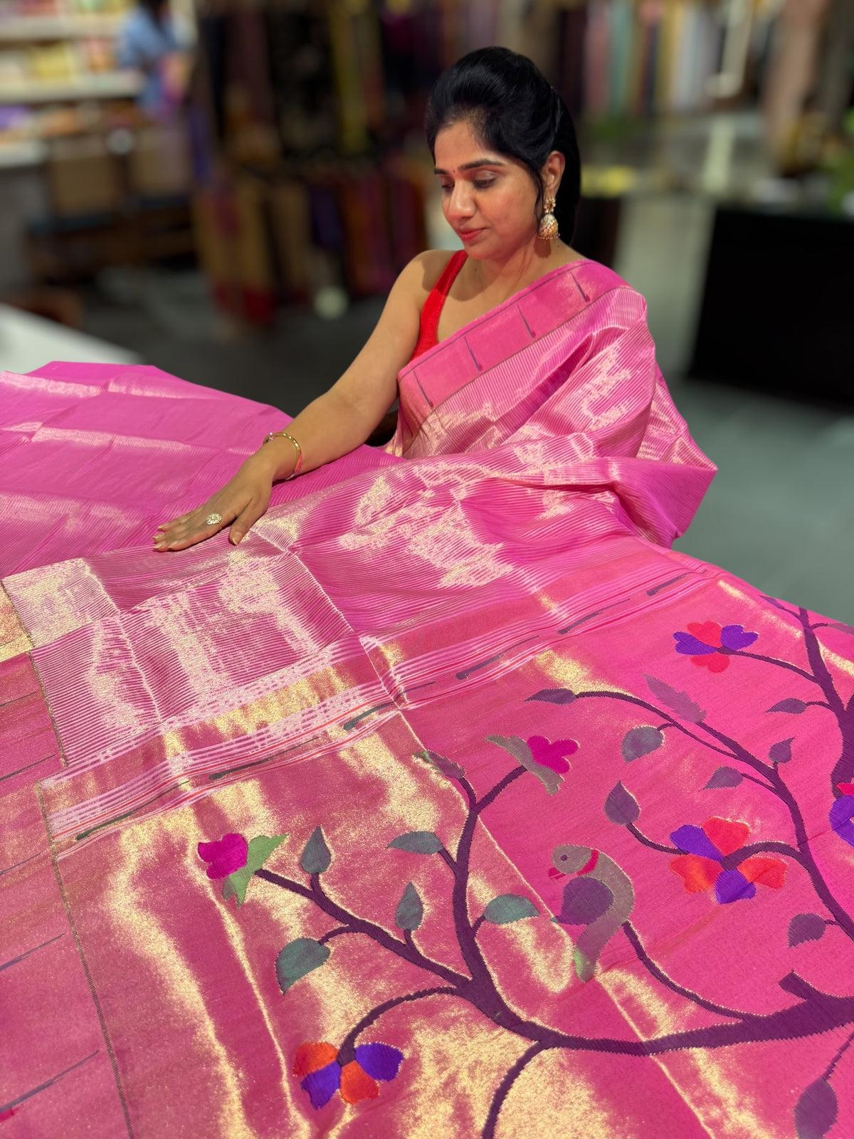 BubbleGum Pink Pure handloom paithani tissue stripes saree