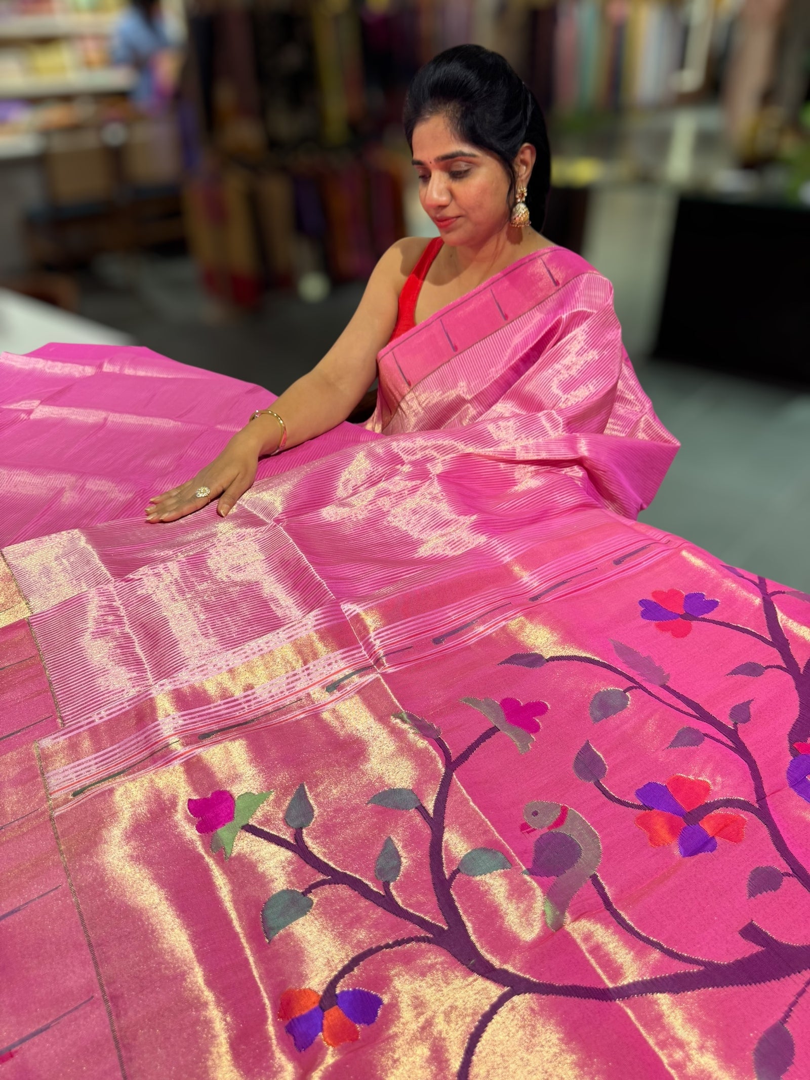 BubbleGum Pink Pure handloom paithani tissue stripes saree