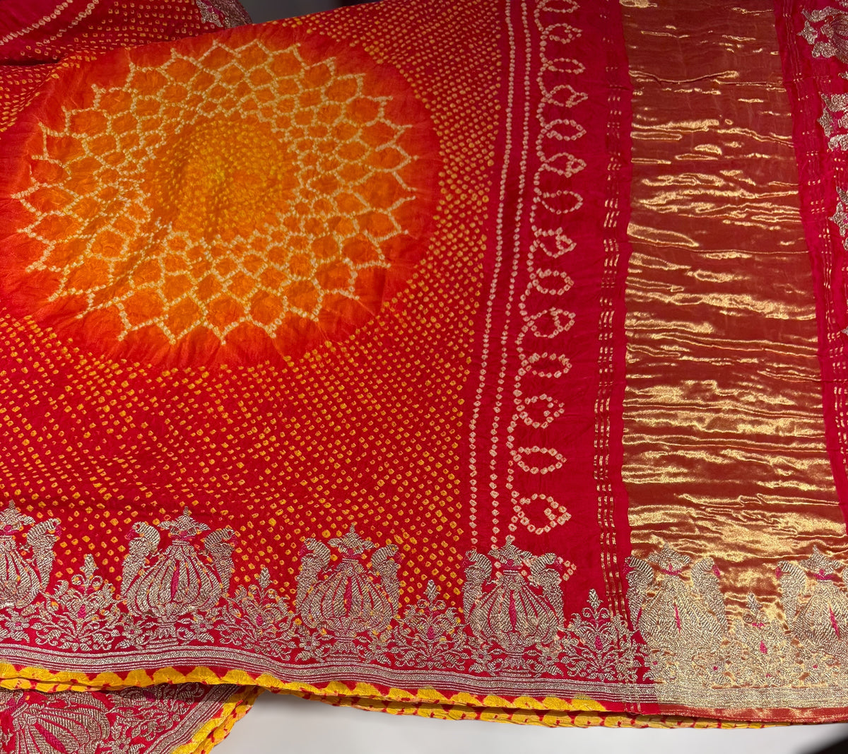 Orangish Red Designer Rai Bandhej Saree With Embroidered Border