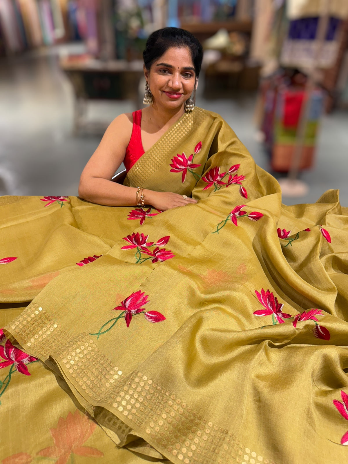 Lime yellow pure handloom tussar byloom saree with lotus embroidered bunch motifs