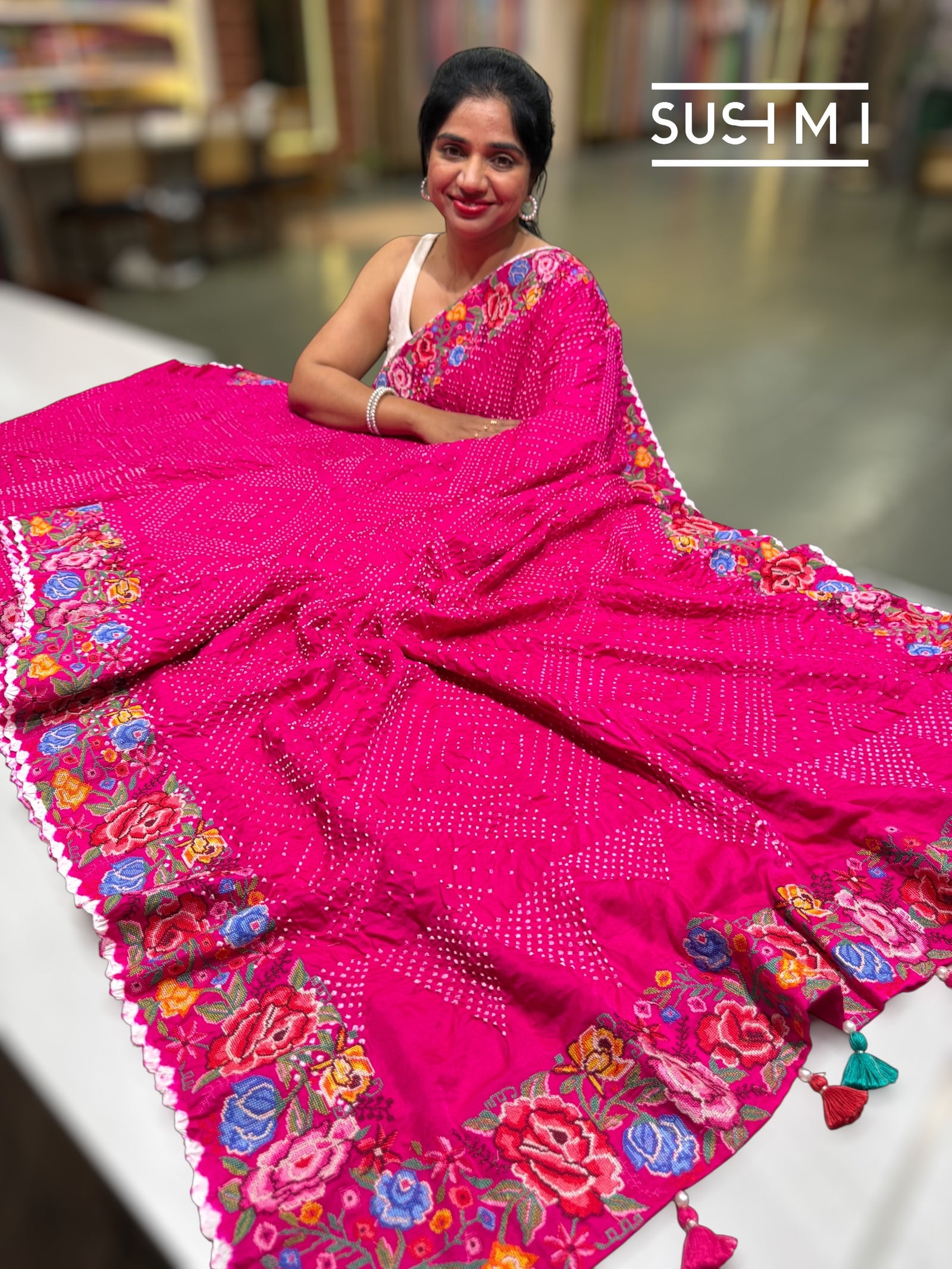 Fuschia Pink Pure Gajji Silk Rai bandhej Saree with petite point embroidery : SM080