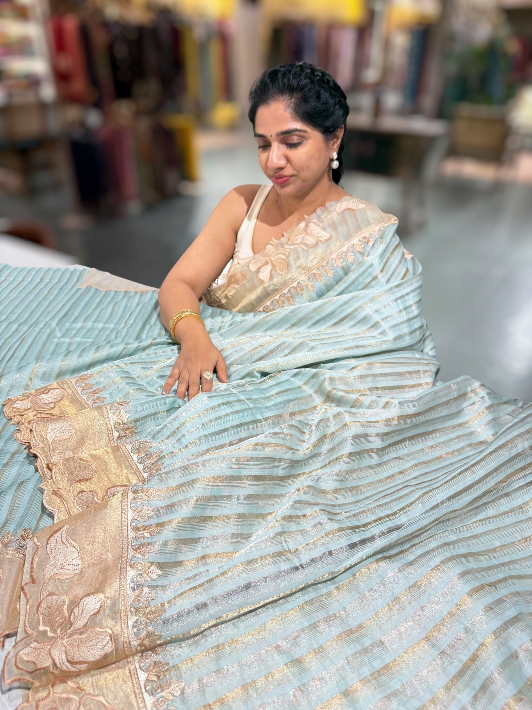 Pastel blue Mul Tissue Stripes Saree With Tissue Cutwork  Border & Blouse