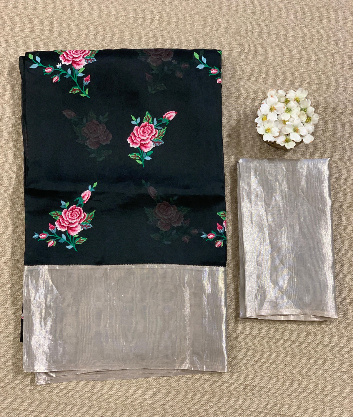 Black Pure Organza Saree with pure Tissue Border