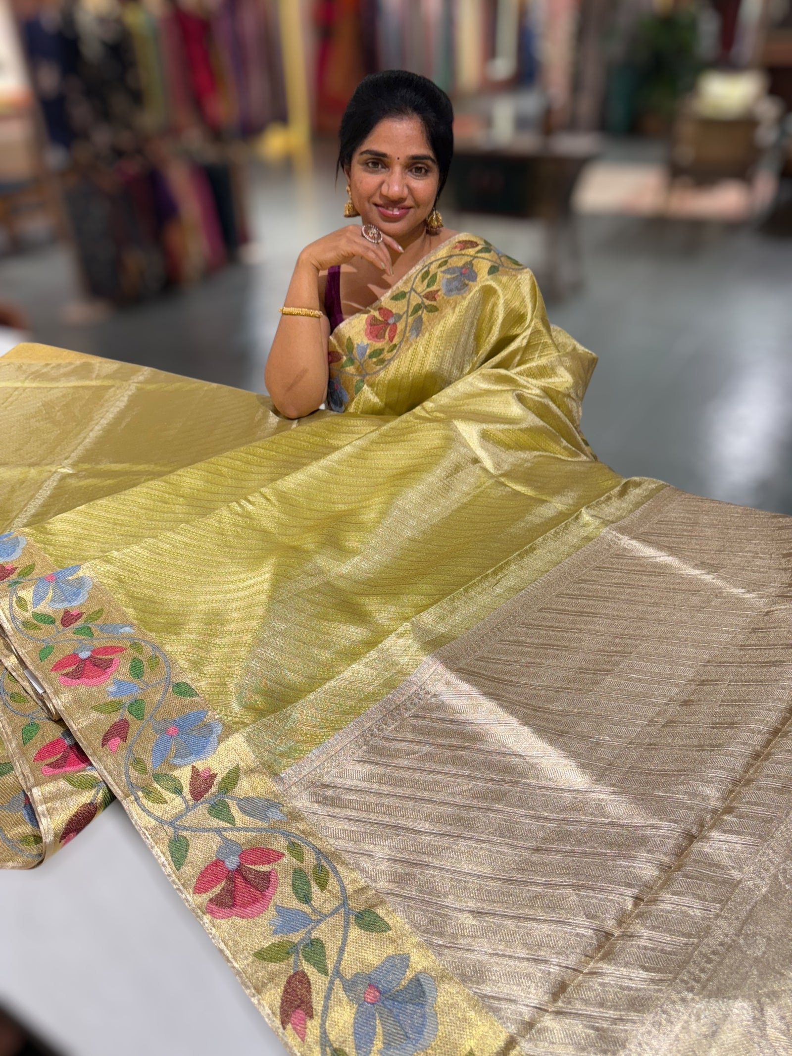 Apple Green Kanchi Tissue Brocade Saree With jamdani inspired embroidery.