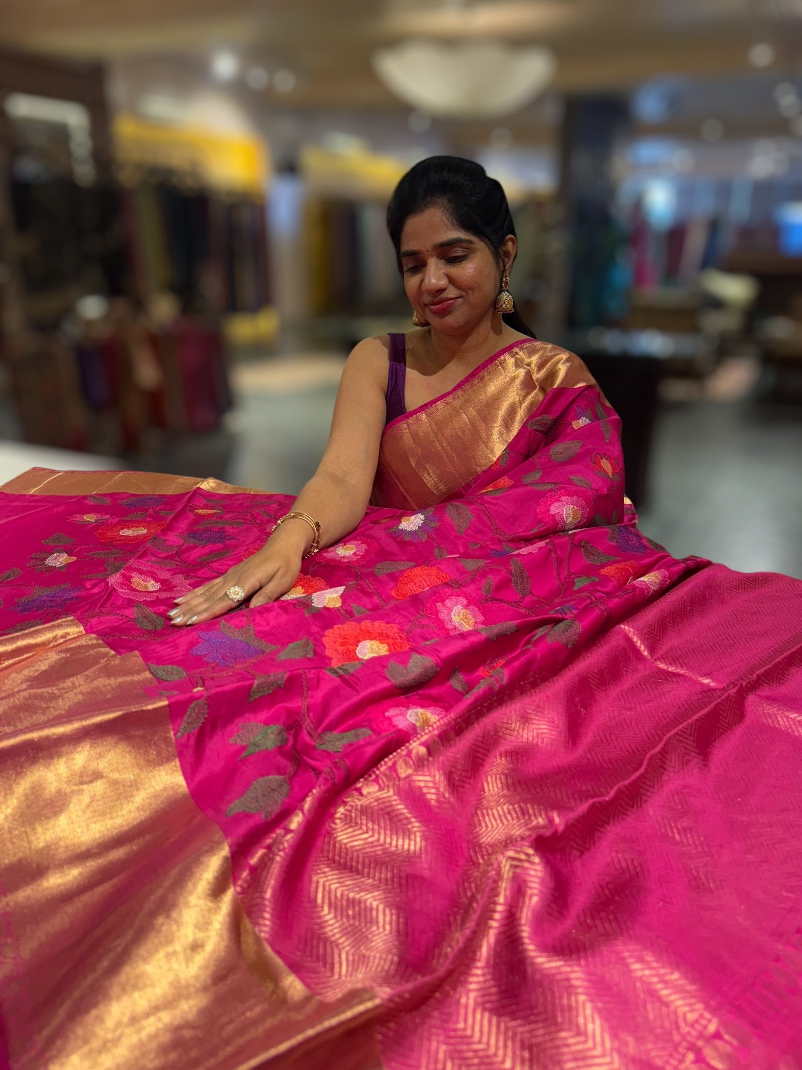 Rani Pink Kanchi Soft Silk Saree with allover jamdani inspired embroidery