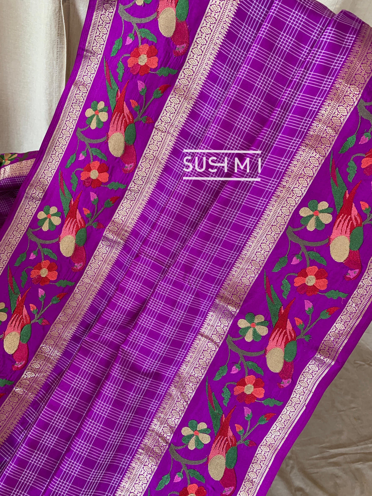 Majenta Vintage checks Kanjeevaram soft silk saree with embroidery D62F041