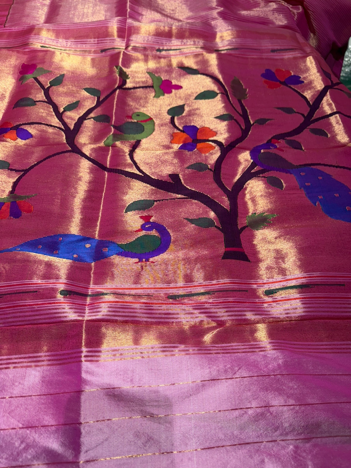 BubbleGum Pink Pure handloom paithani tissue stripes saree