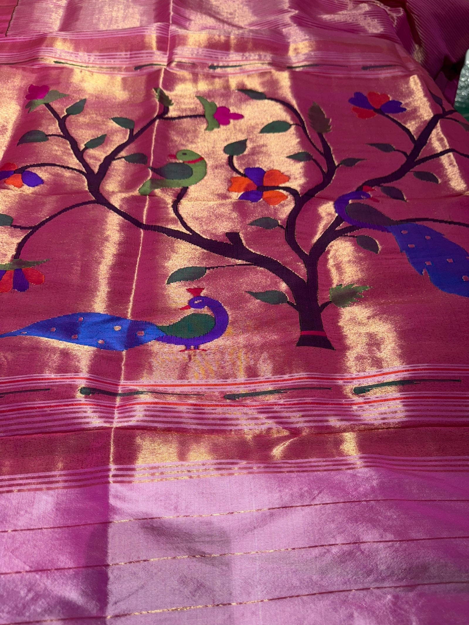BubbleGum Pink Pure handloom paithani tissue stripes saree