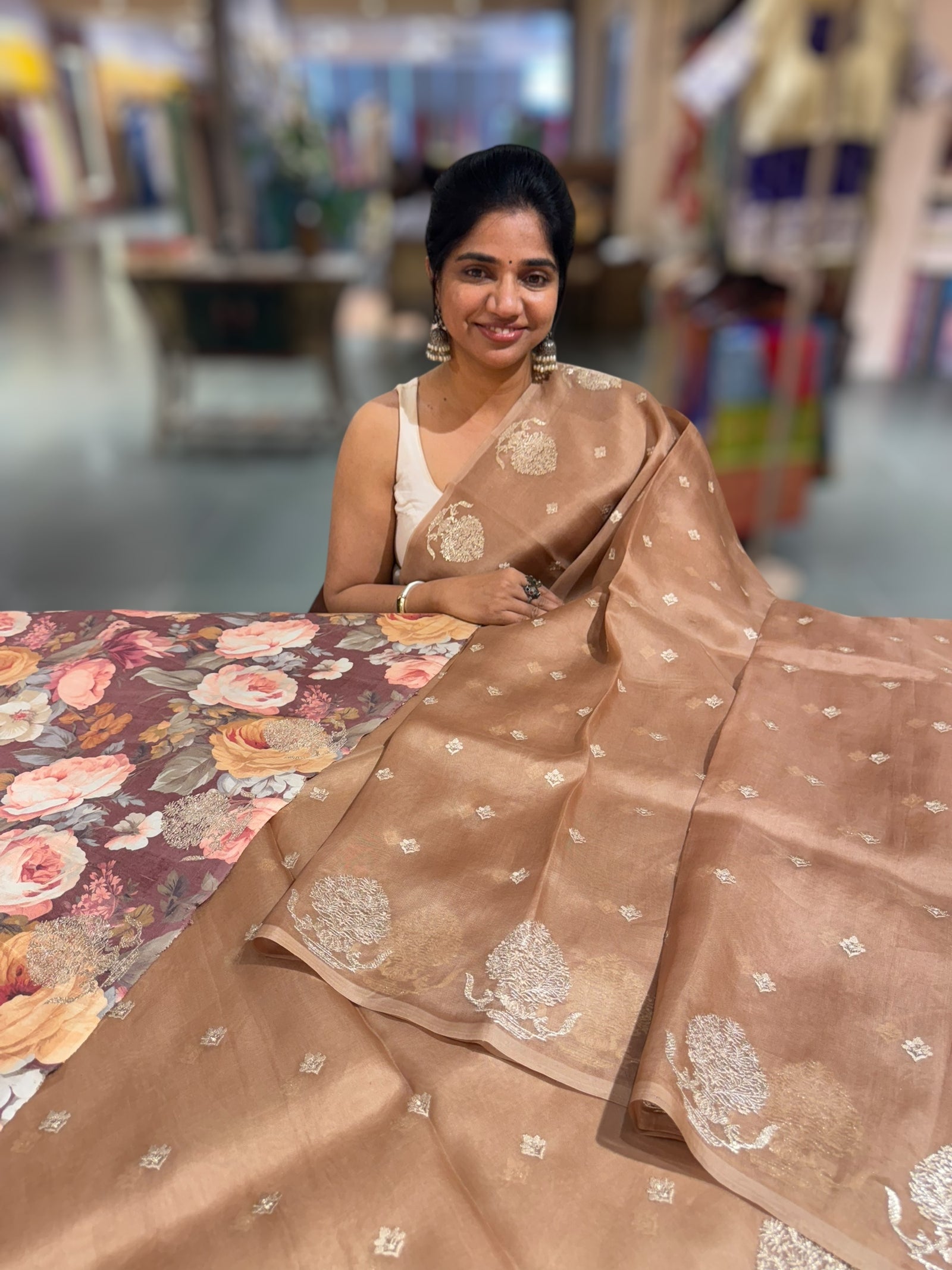 Nude Brown Organza Saree With Embroidery & Tussar Printed Blouse
