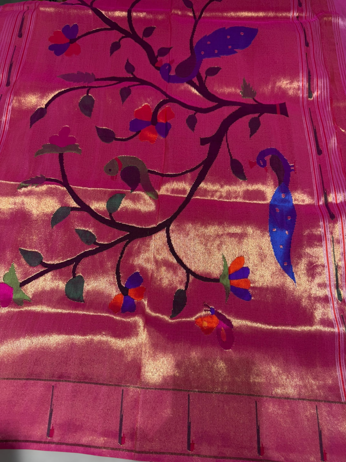 BubbleGum Pink Pure handloom paithani tissue stripes saree