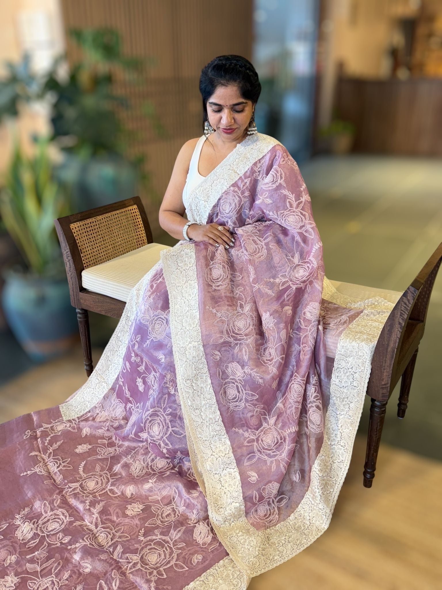 Lilac pink PURE HANDLOOM TISSUE SAREE