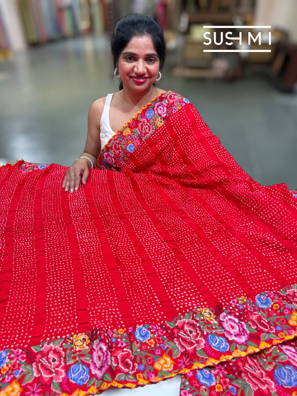 Chilli Red Pure Gajji Silk Rai bandhej Saree with petite point embroidery : SM082
