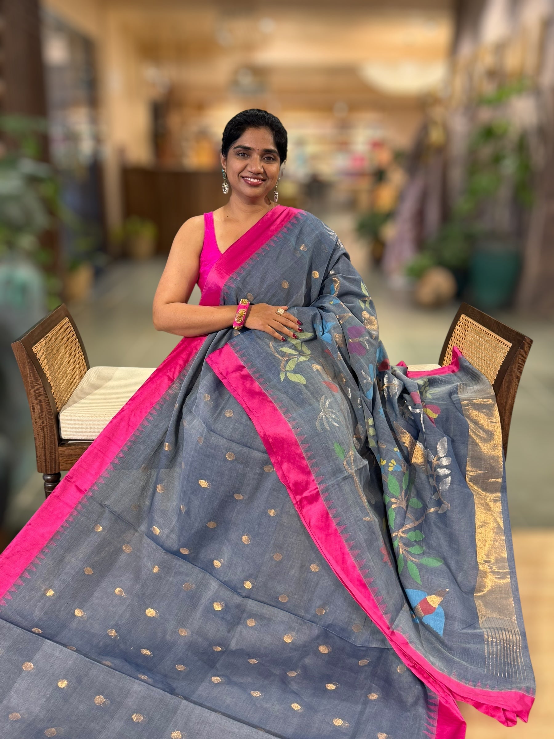 Grey Ponduru Khadi Saree with Pink Silk Temple Border & Jamdani Pallu