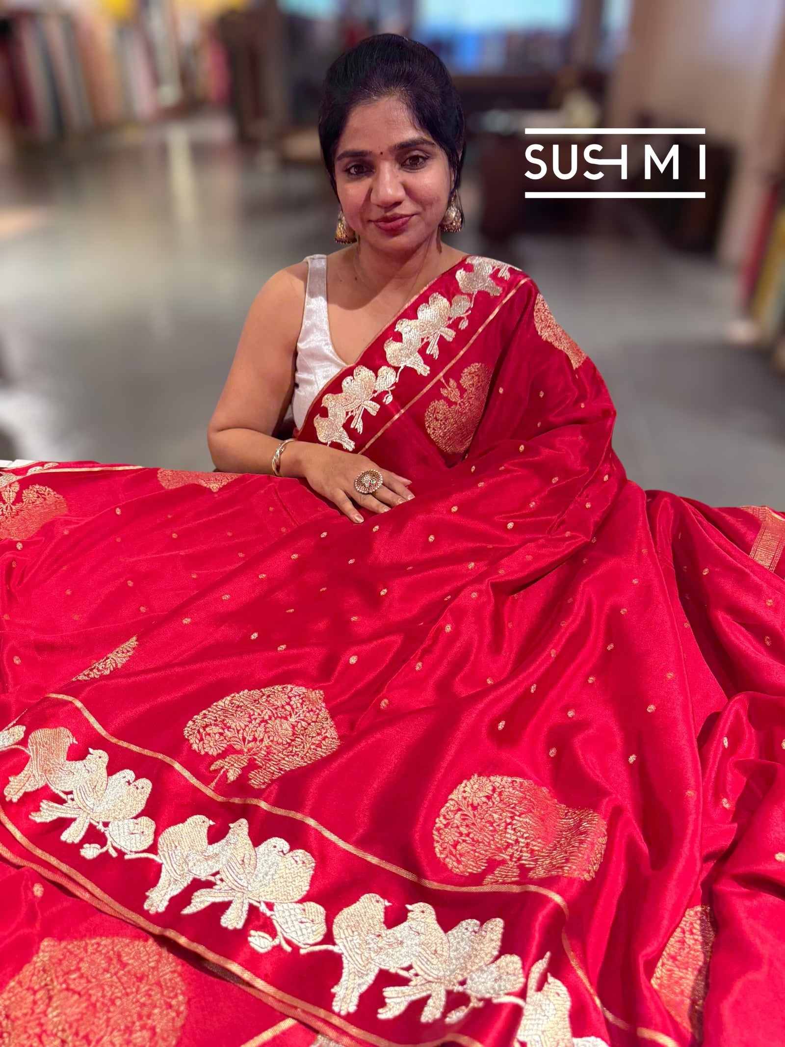 Chilli Red Mysore silk saree with woven motif and embroidered border : D62133