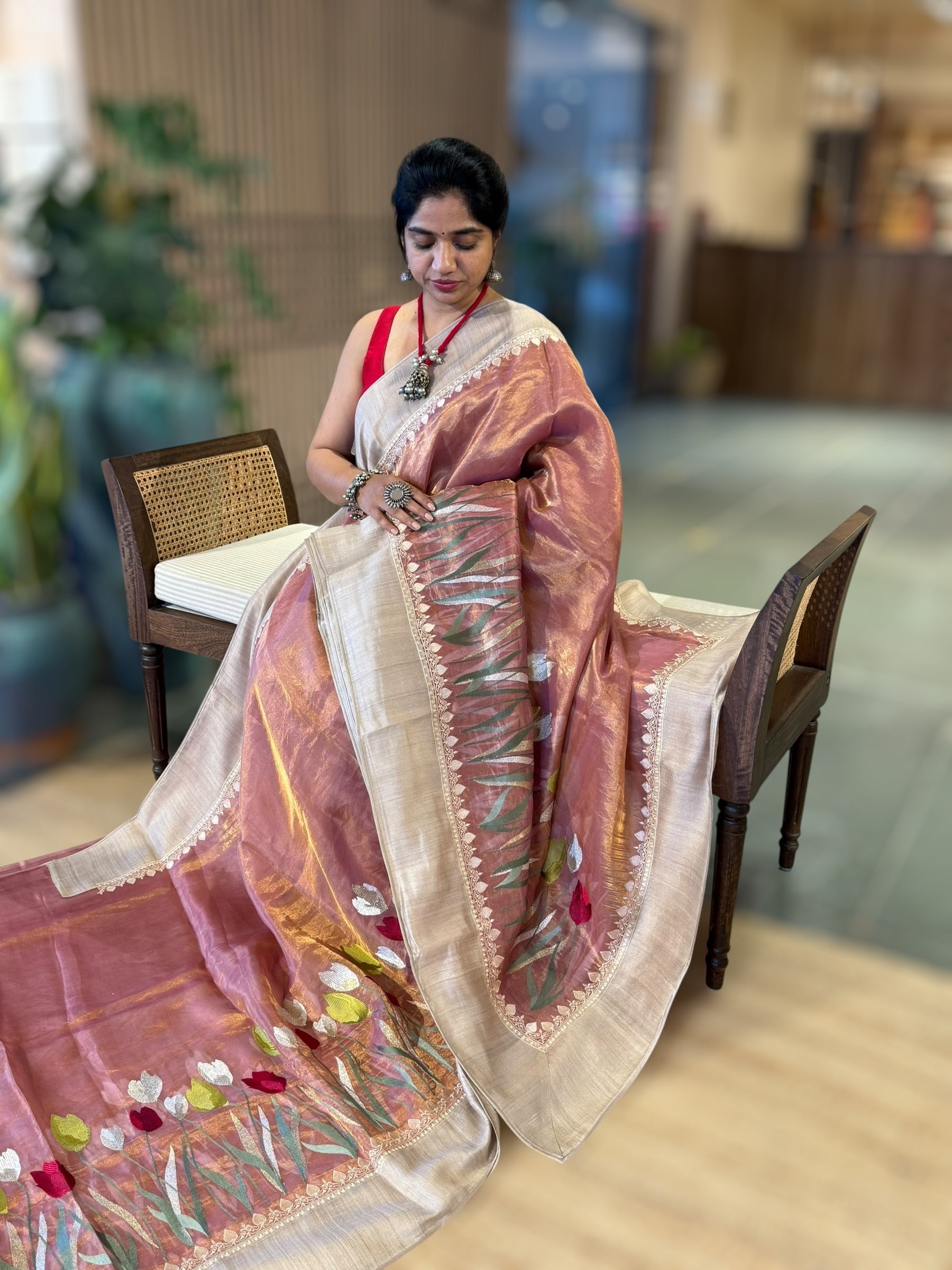 Peach Pink Designer Handloom Tissue Saree With Tulip embroidery