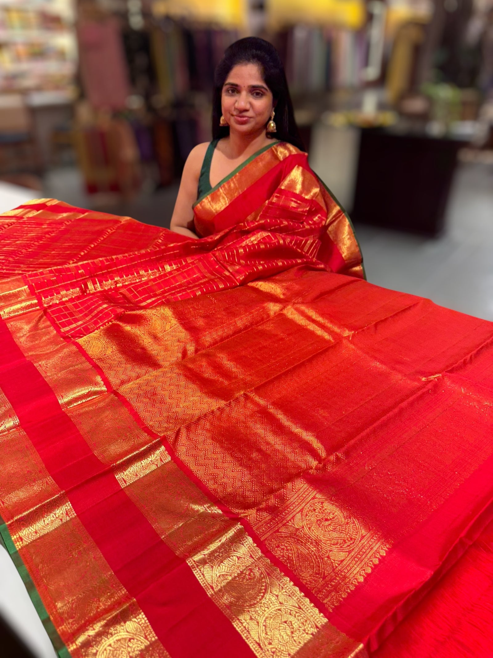 Chilli Red Vintage Checks Kanjeevaram Saree