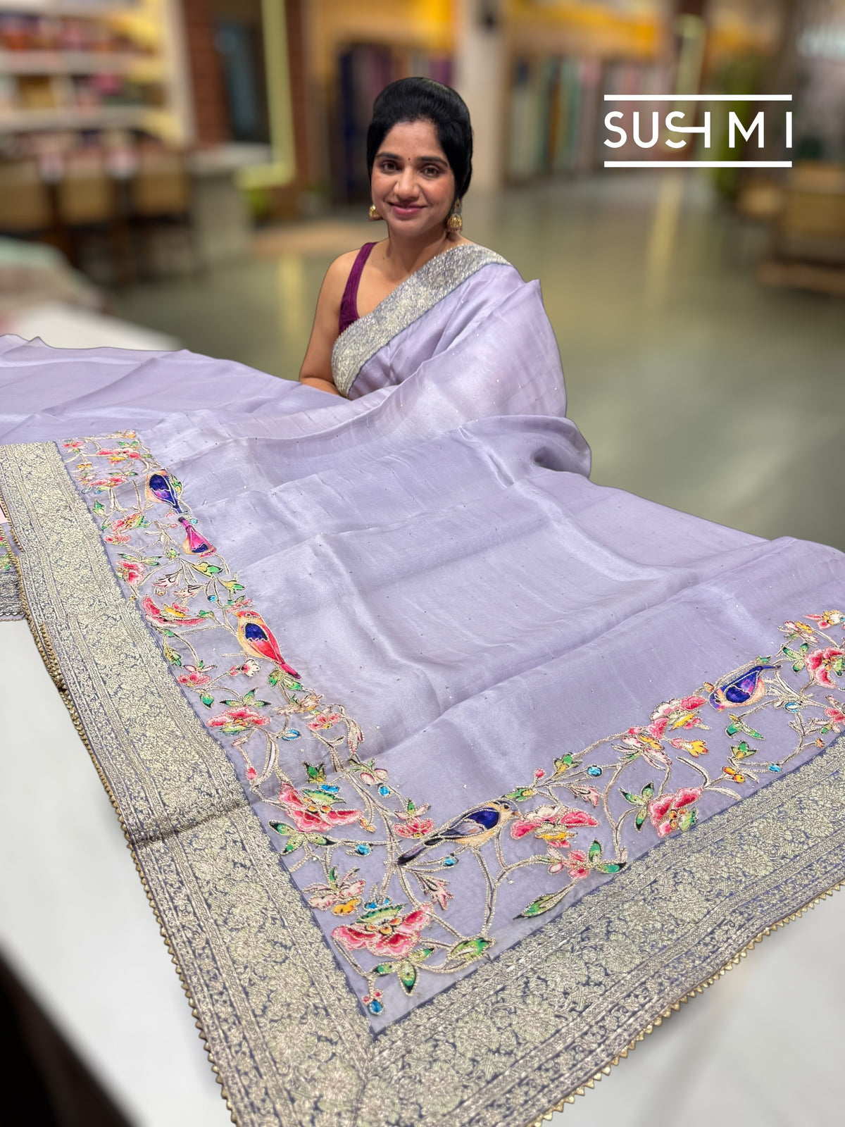 Lilac Organza Banarasi Fusion Saree with Bird Appliqué : SM020