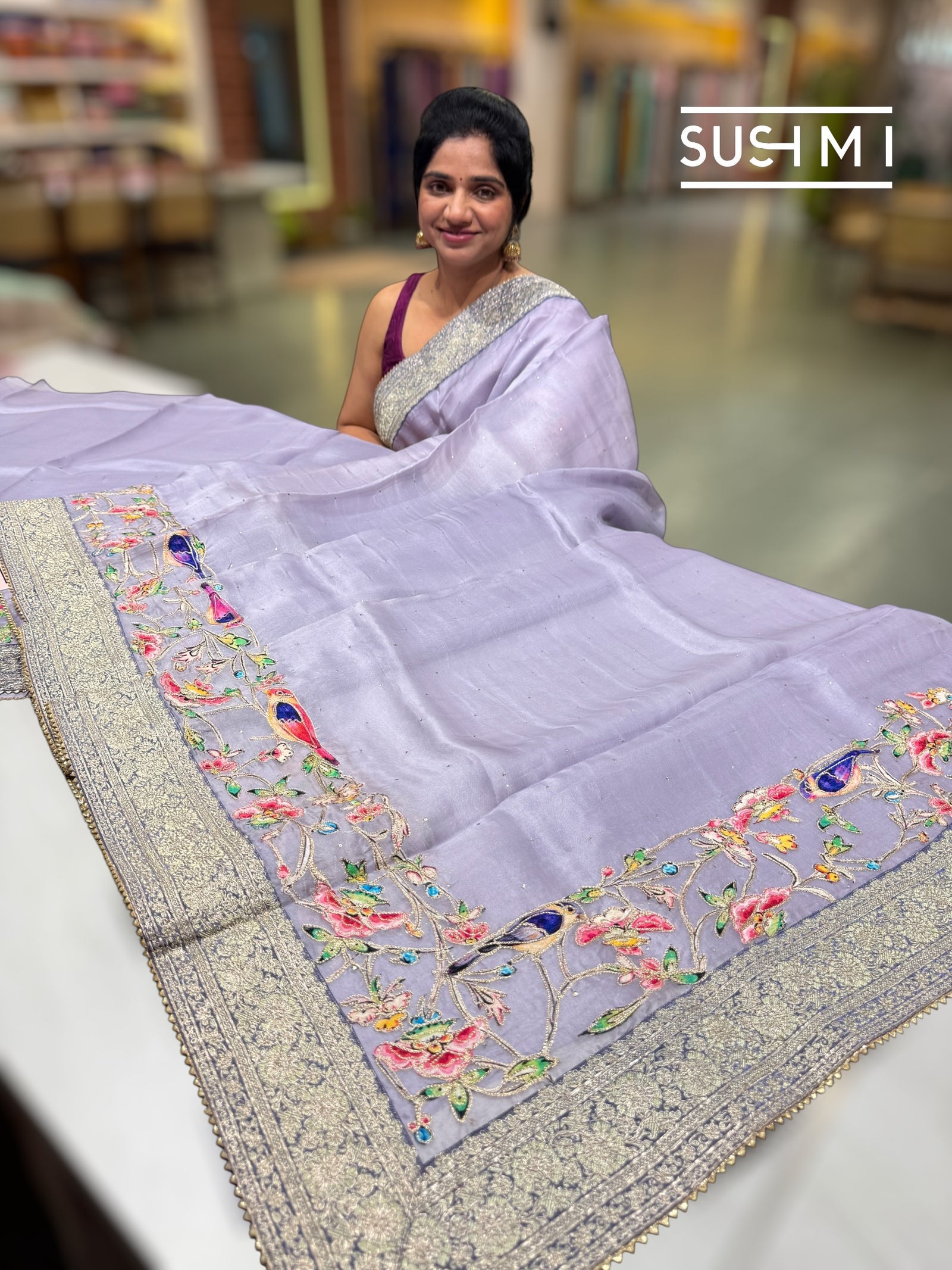 Lilac Organza Banarasi Fusion Saree with Bird Appliqué : SM020