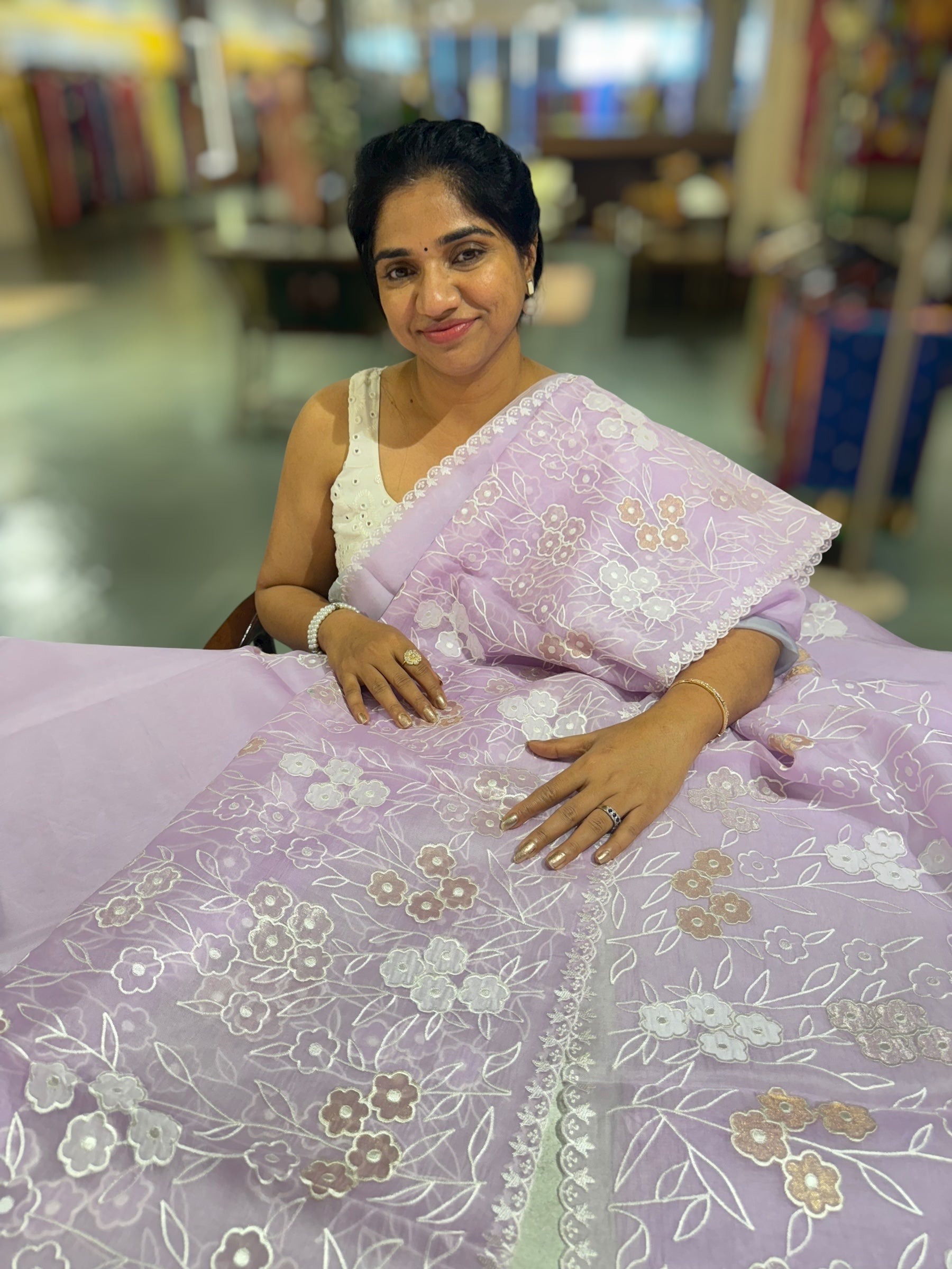 Lilac Organza Saree With Tissue Applique Work