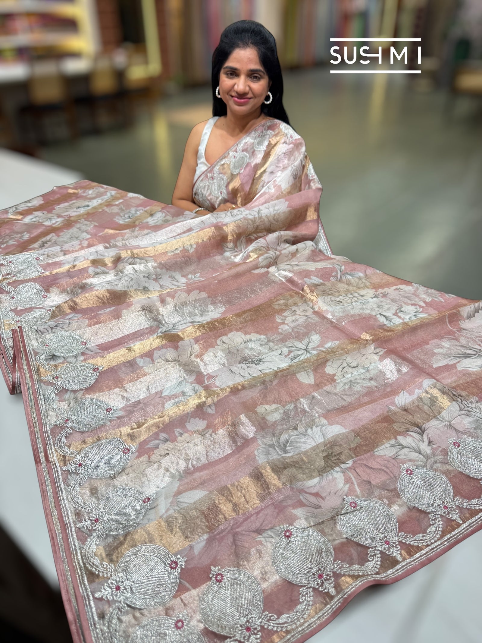 Printed Organza Tissue stripes saree with embroidery : SM071