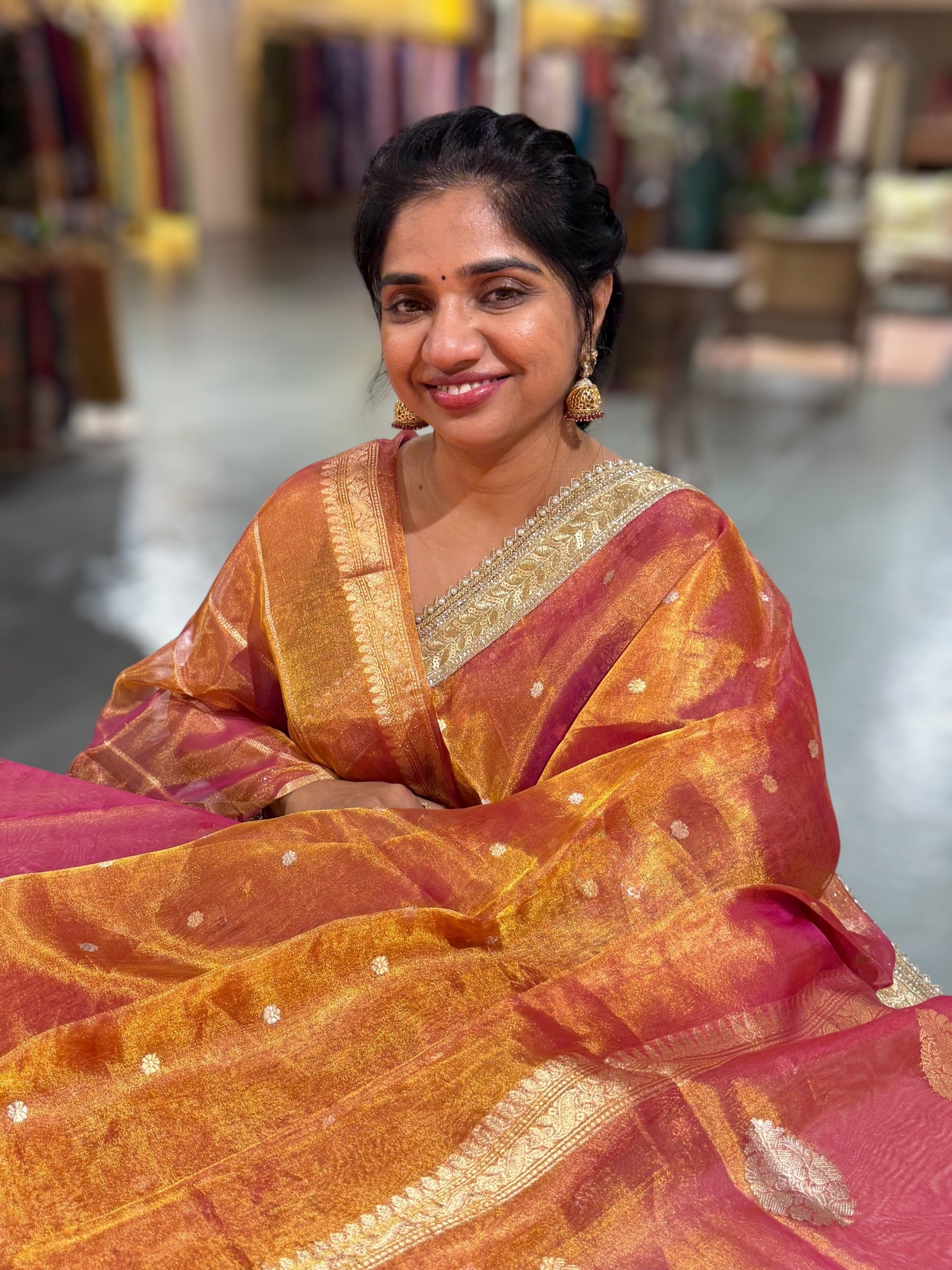Orange & Pink dualtone Pure handloom Banarasi Tissue saree