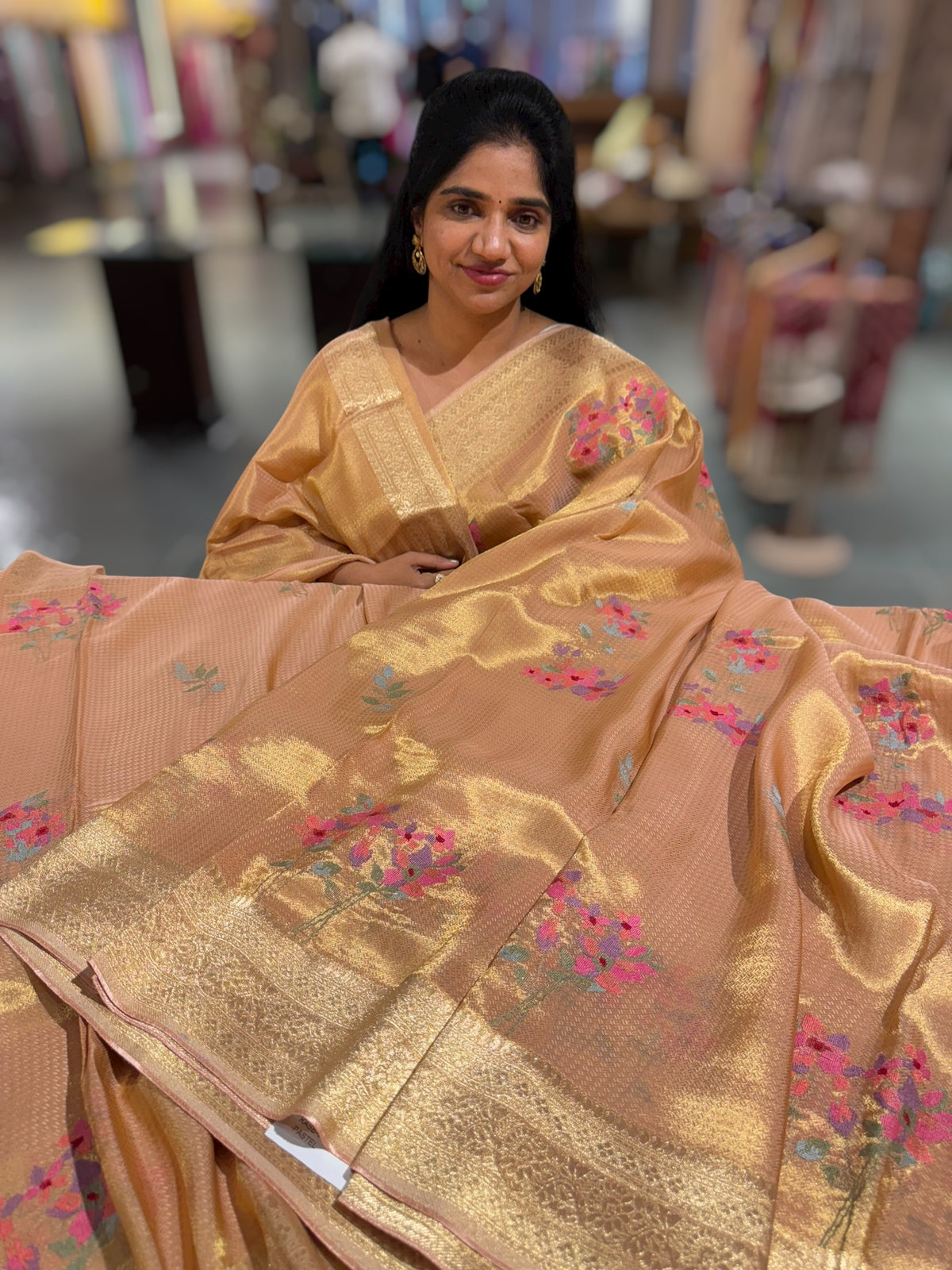 Peach Fancy Banarasi tissue tonchoi weaving saree with embroidery
