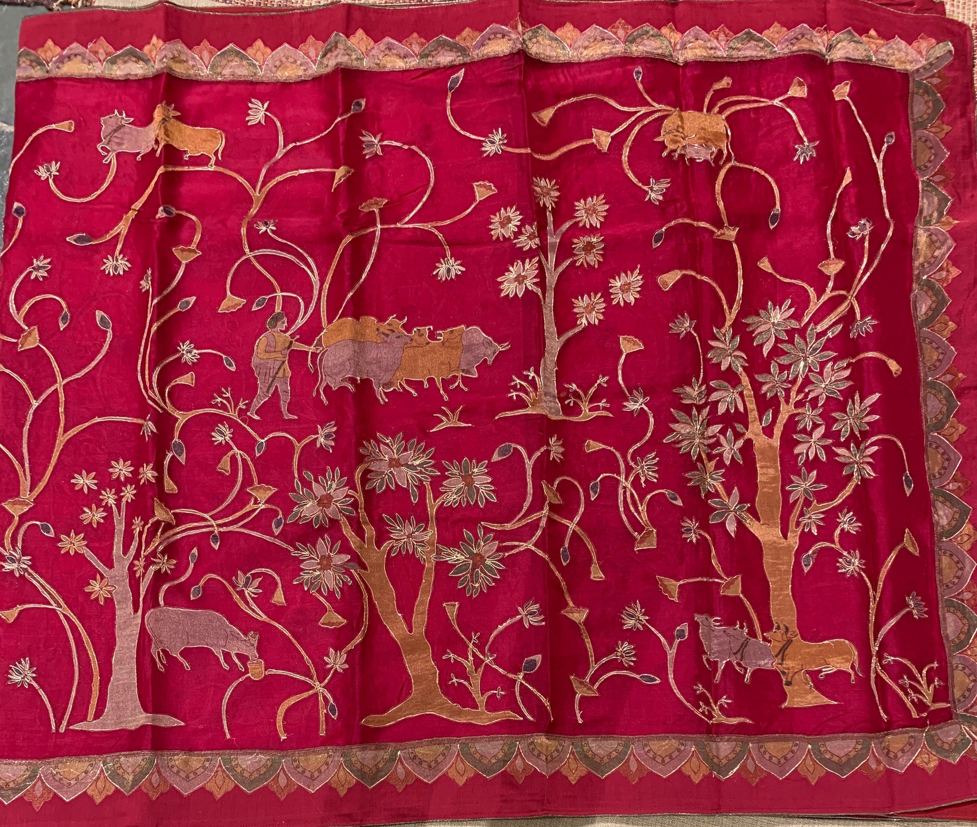 Ruby Pink Designer Organza Saree with Stunning Tissue Applique work Saree with Village theme