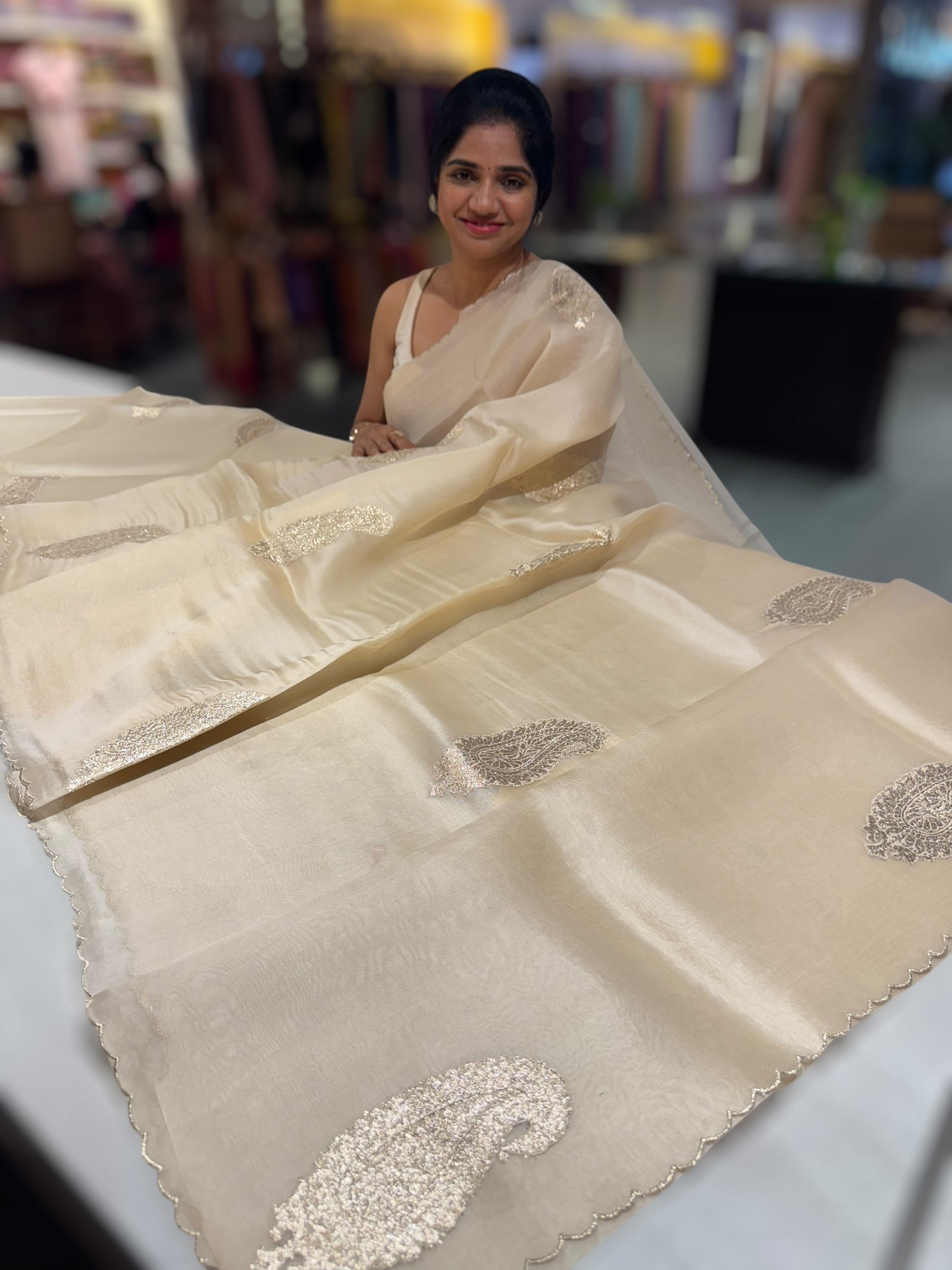 Beige Organza with applique motifs