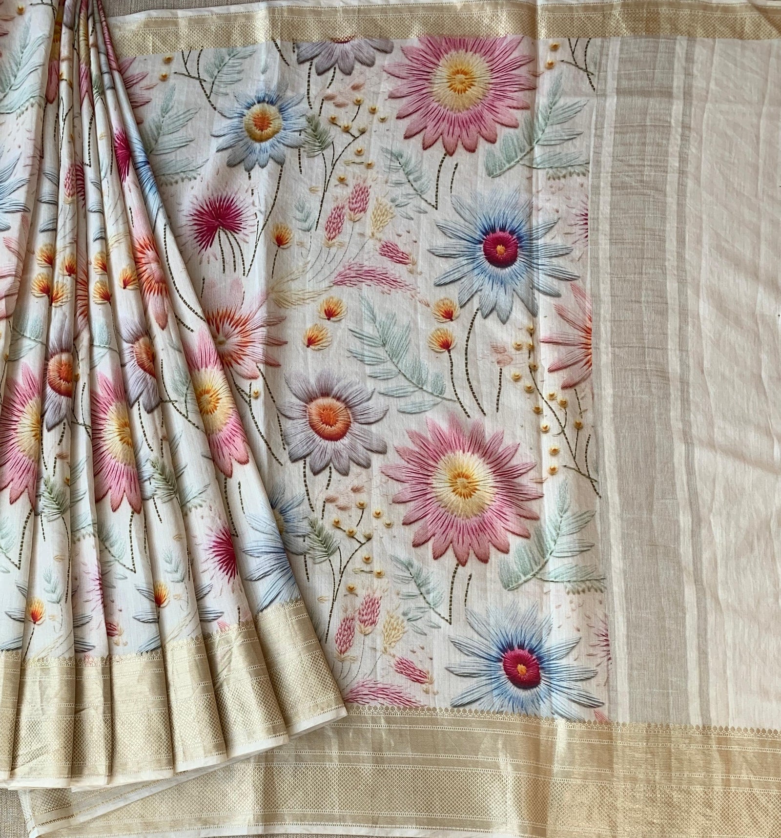 Ivory Pure Handloom Chiniya Silk Saree with stunning Floral Print and zari borders