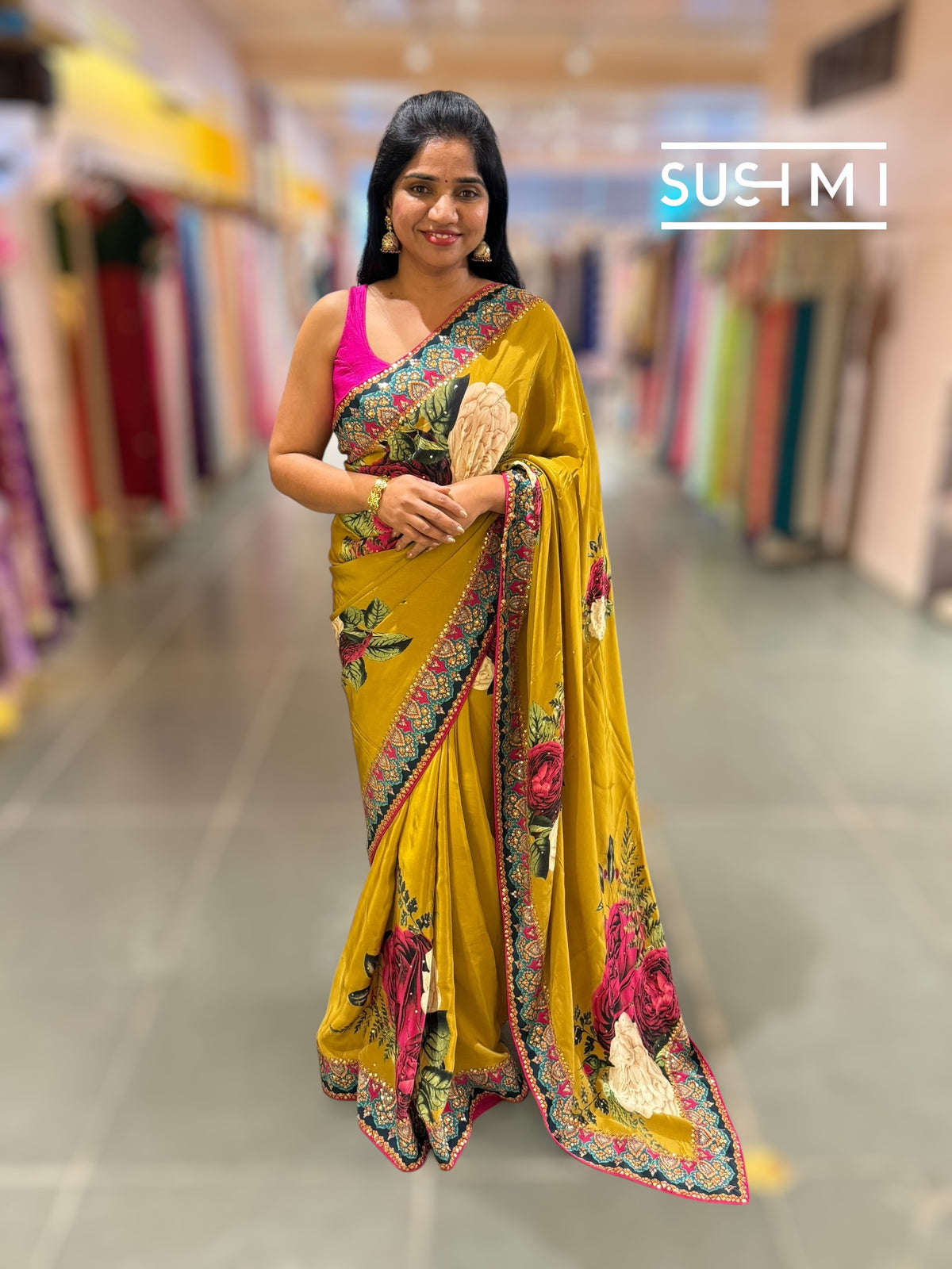 Mustard Gold Designer Crepe Silk Saree : D62F030