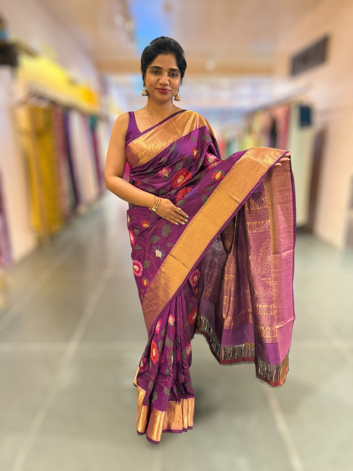 Purple Kanchi Soft Silk Saree with allover jamdani inspired embroidery