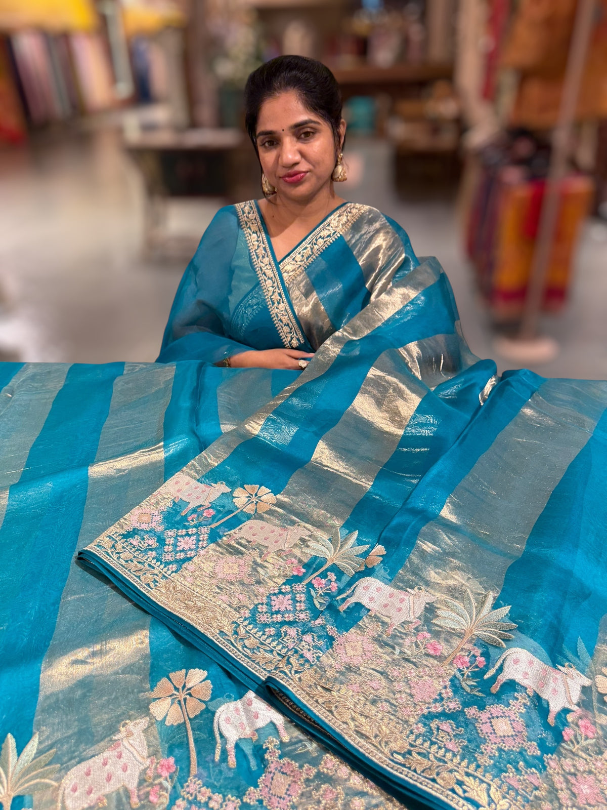 Peacock Blue Kora Tissue Stripes Saree With Jamdani  & Pichwai embroidered Border