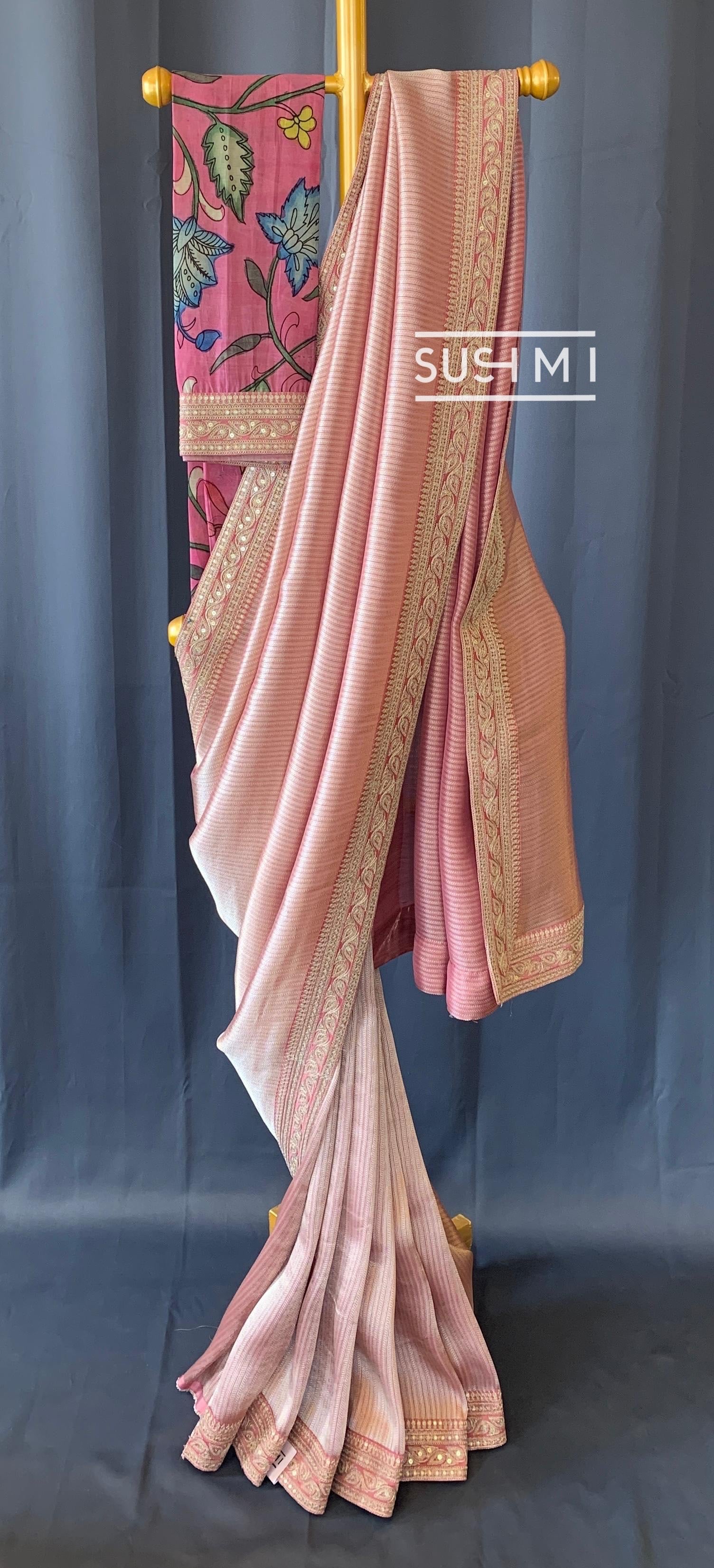 Dusty Pink Banarasi tonchoi with pen kalamkari Blouse : D62F020
