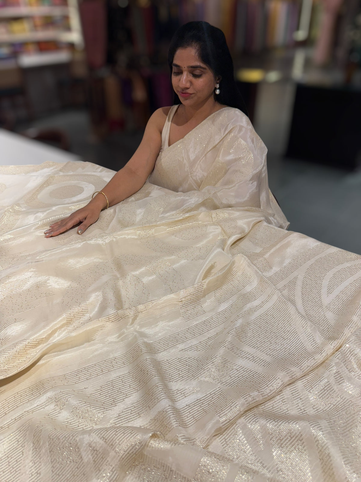 Ivory Chinnon saree with threadwork