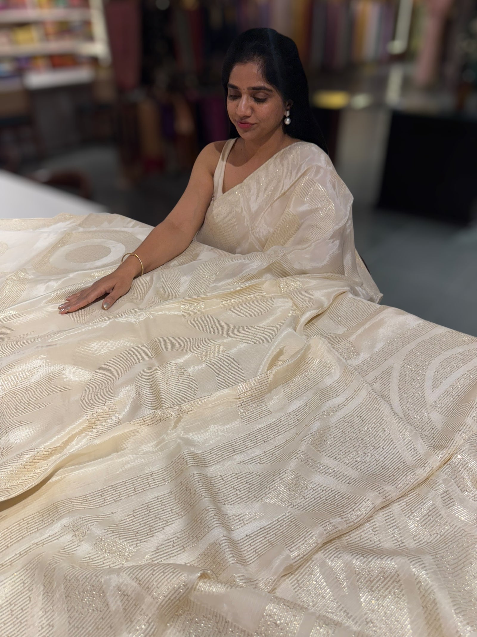 Ivory Chinnon saree with threadwork