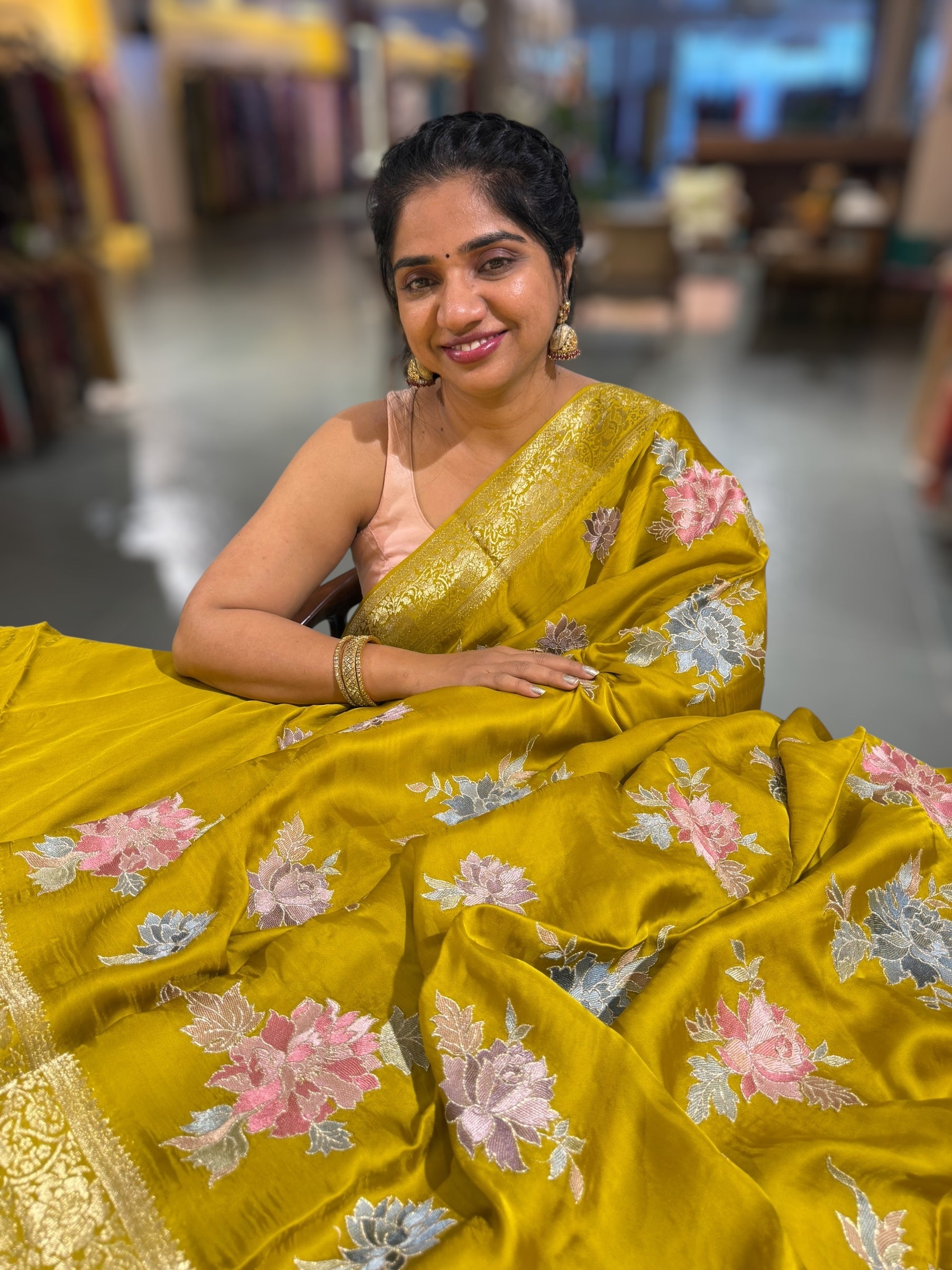Lemon Greenish Yellow Mashru Satin Saree with Allover Floral embroidery
