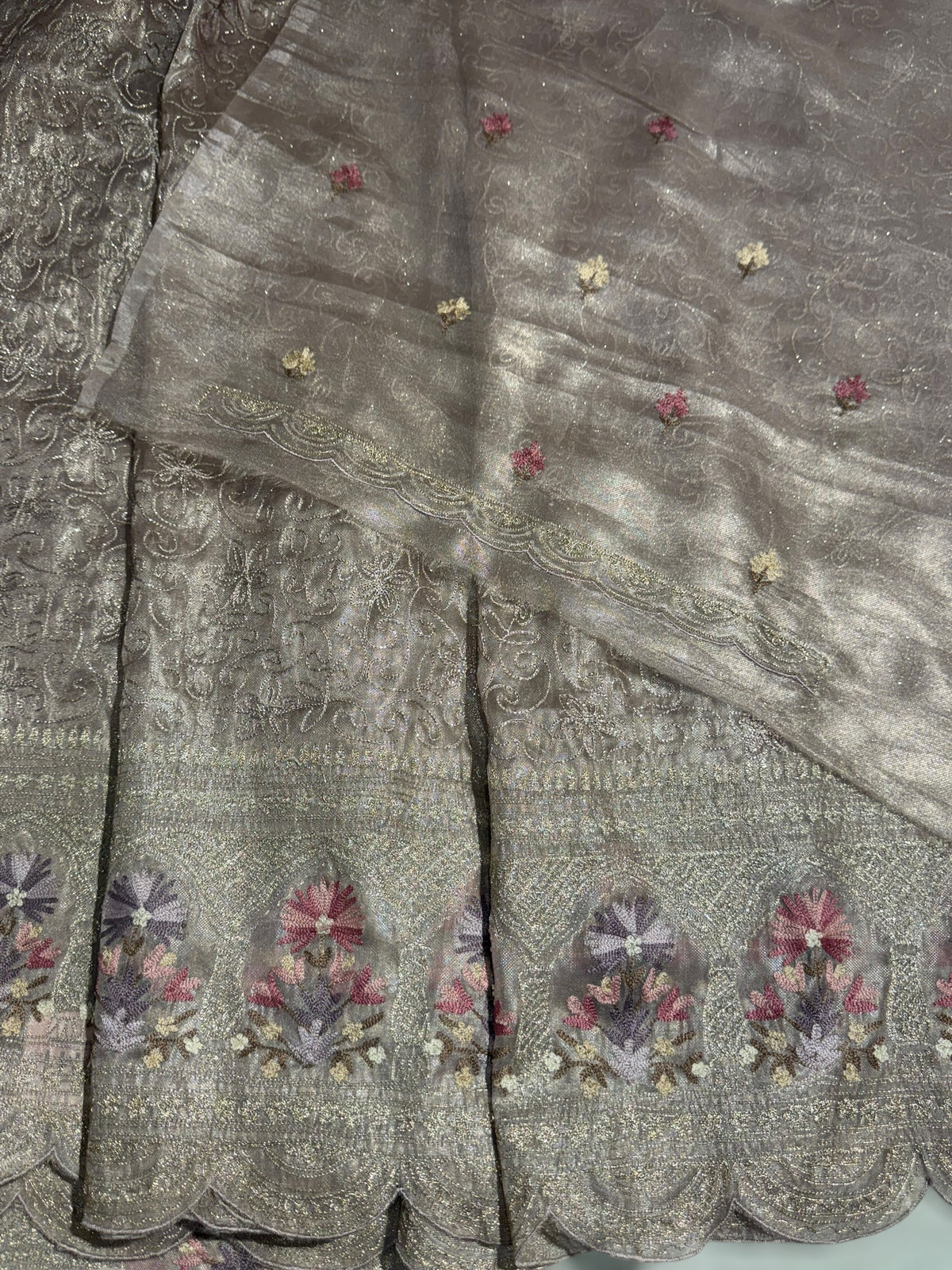 Dusty mauve Glass Organza Saree with allover embroidery