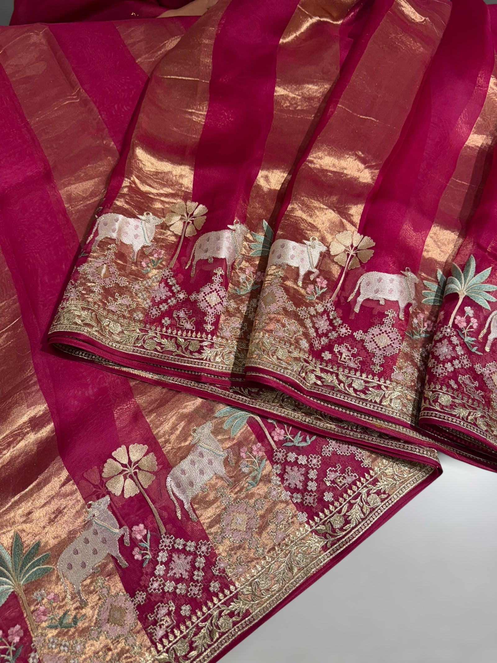 Dark Pink Kora Tissue Stripes Saree With Jamdani  & Pichwai embroidered Border