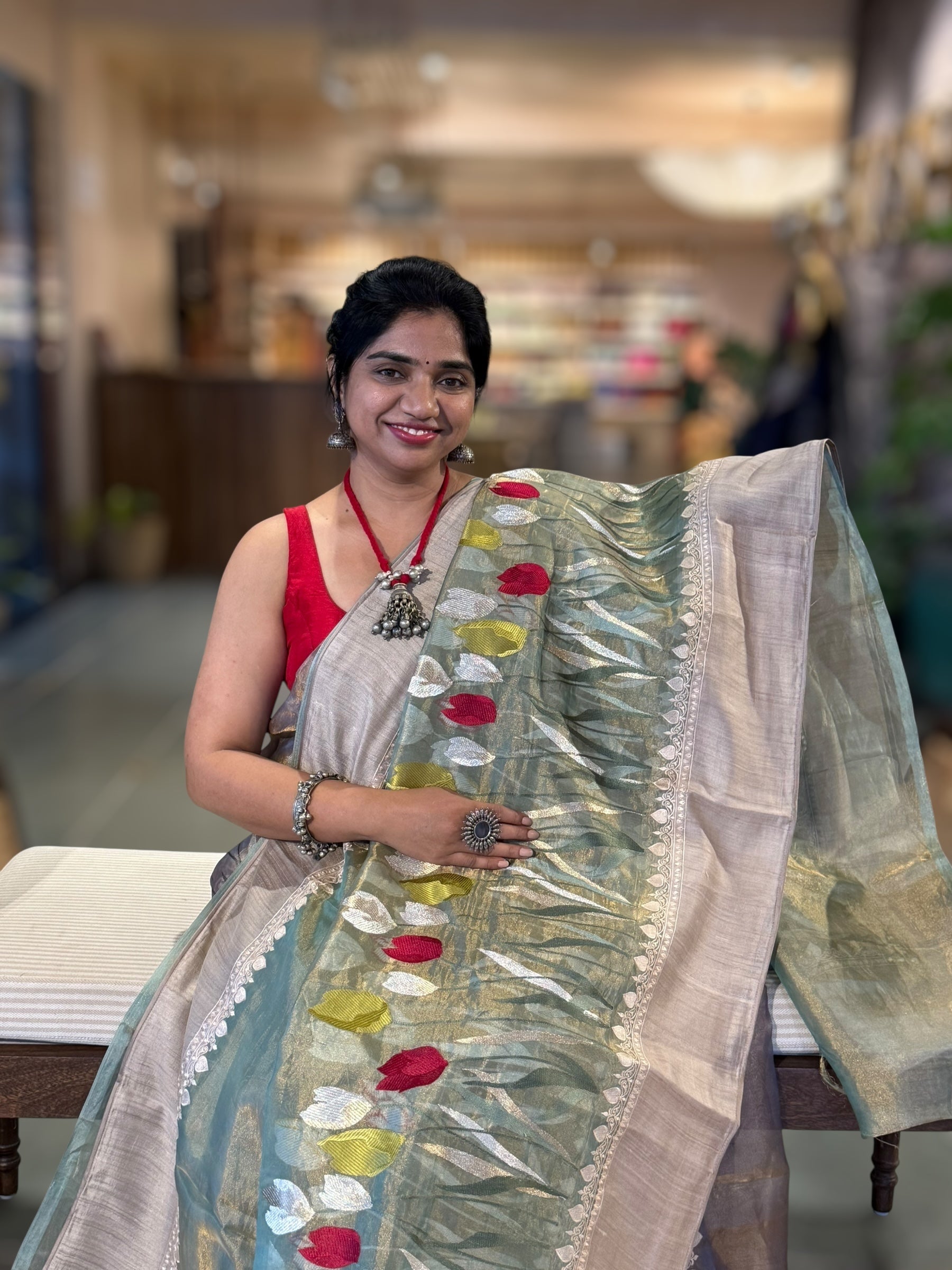 Sage Green Designer Handloom Tissue Saree With Tulip embroidery