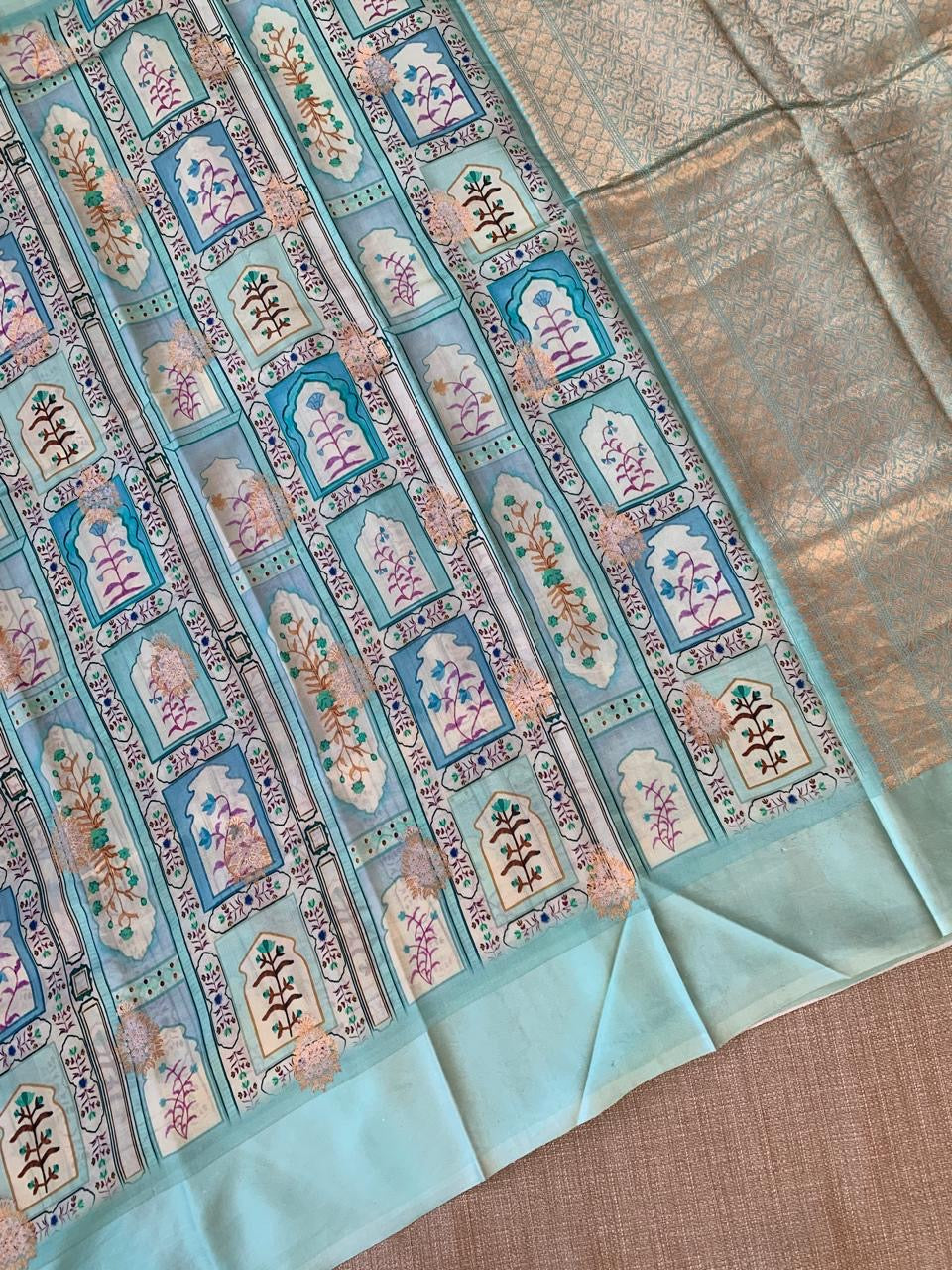 Mint Blue Soft Silk Saree with patola style print and mashru borders