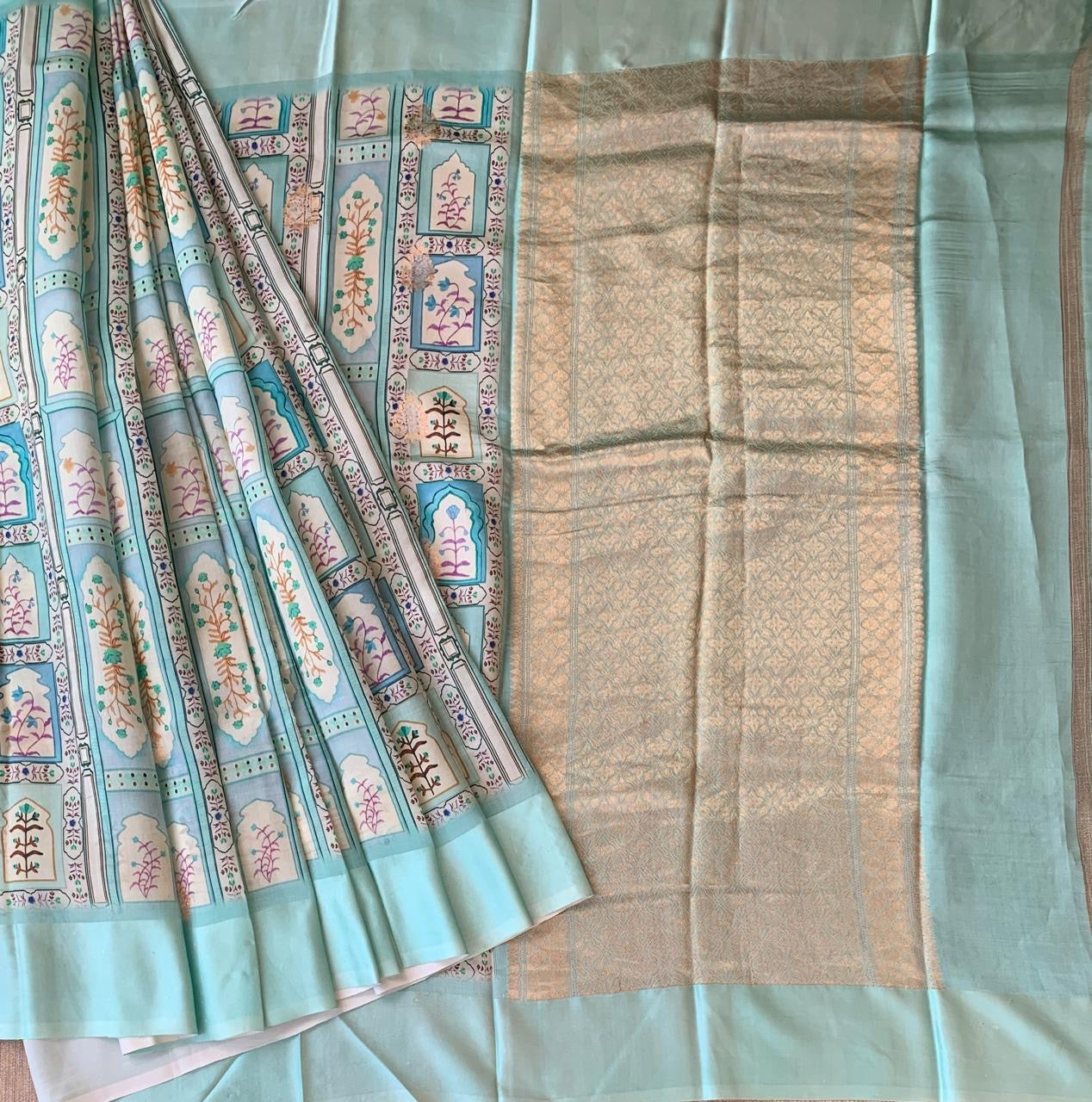 Mint Blue Soft Silk Saree with patola style print and mashru borders