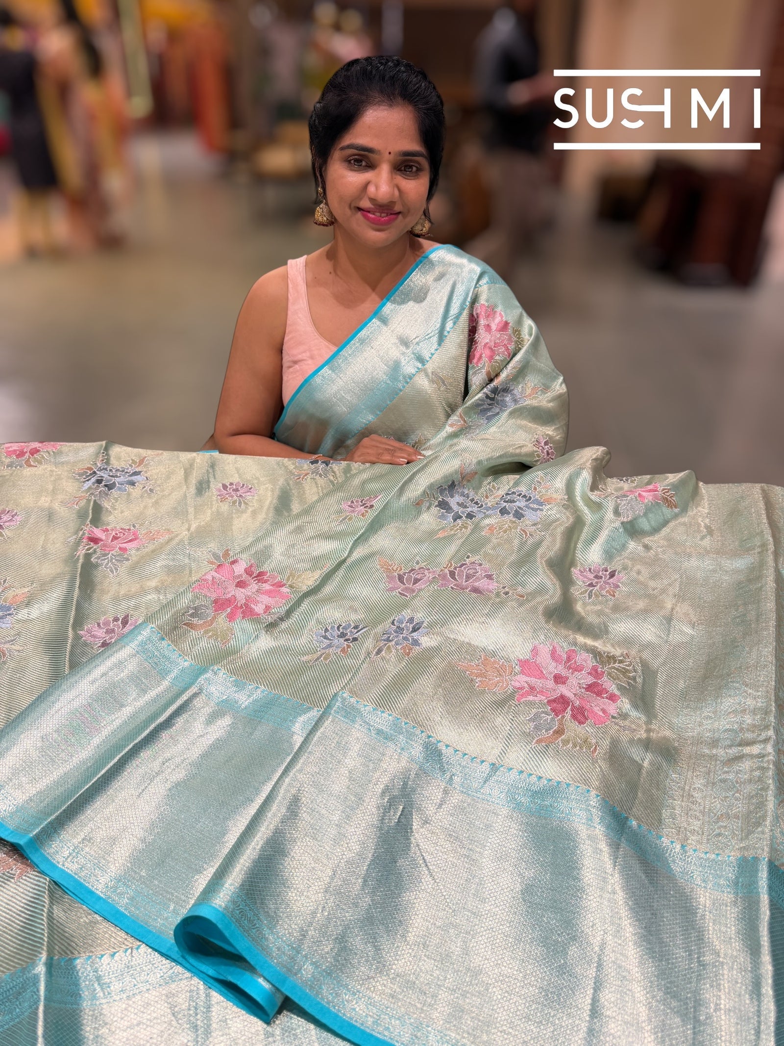 Mint Blue  Kanchi Tissue Saree with embroidery: S62F228